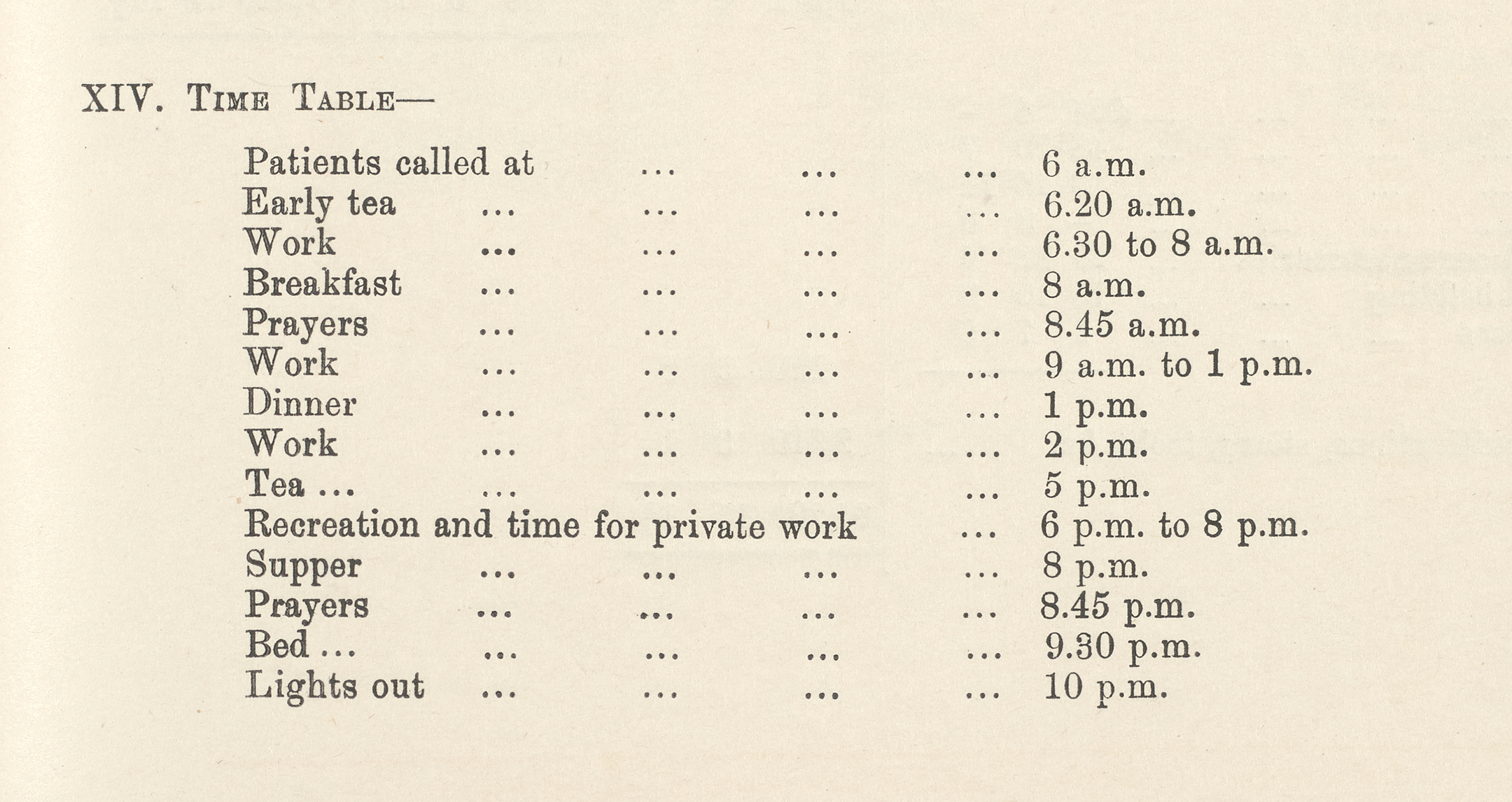 Timetable for patients at Farmfield Reformatory 