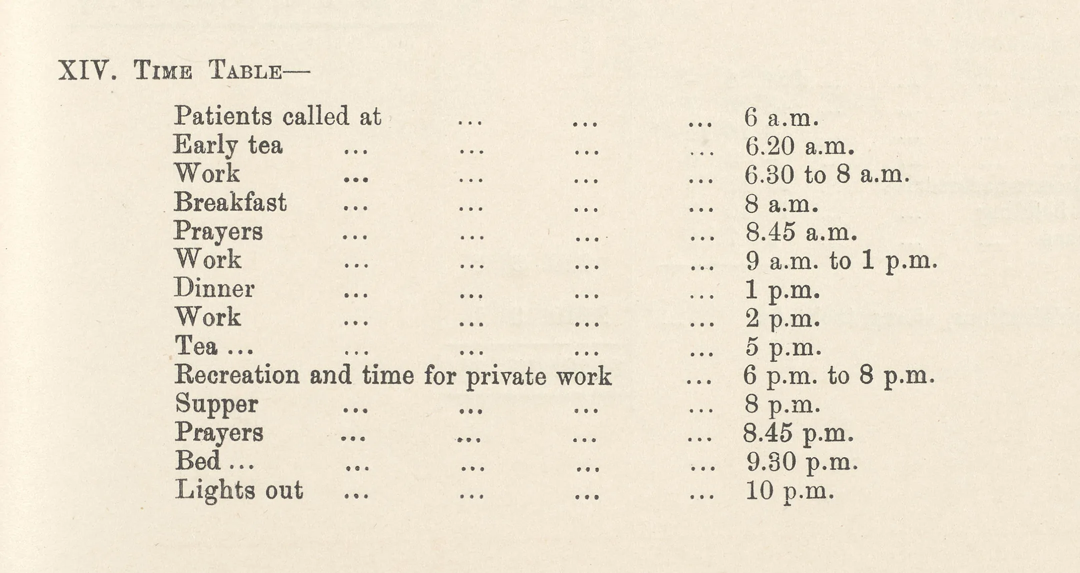 Timetable for patients at Farmfield Reformatory