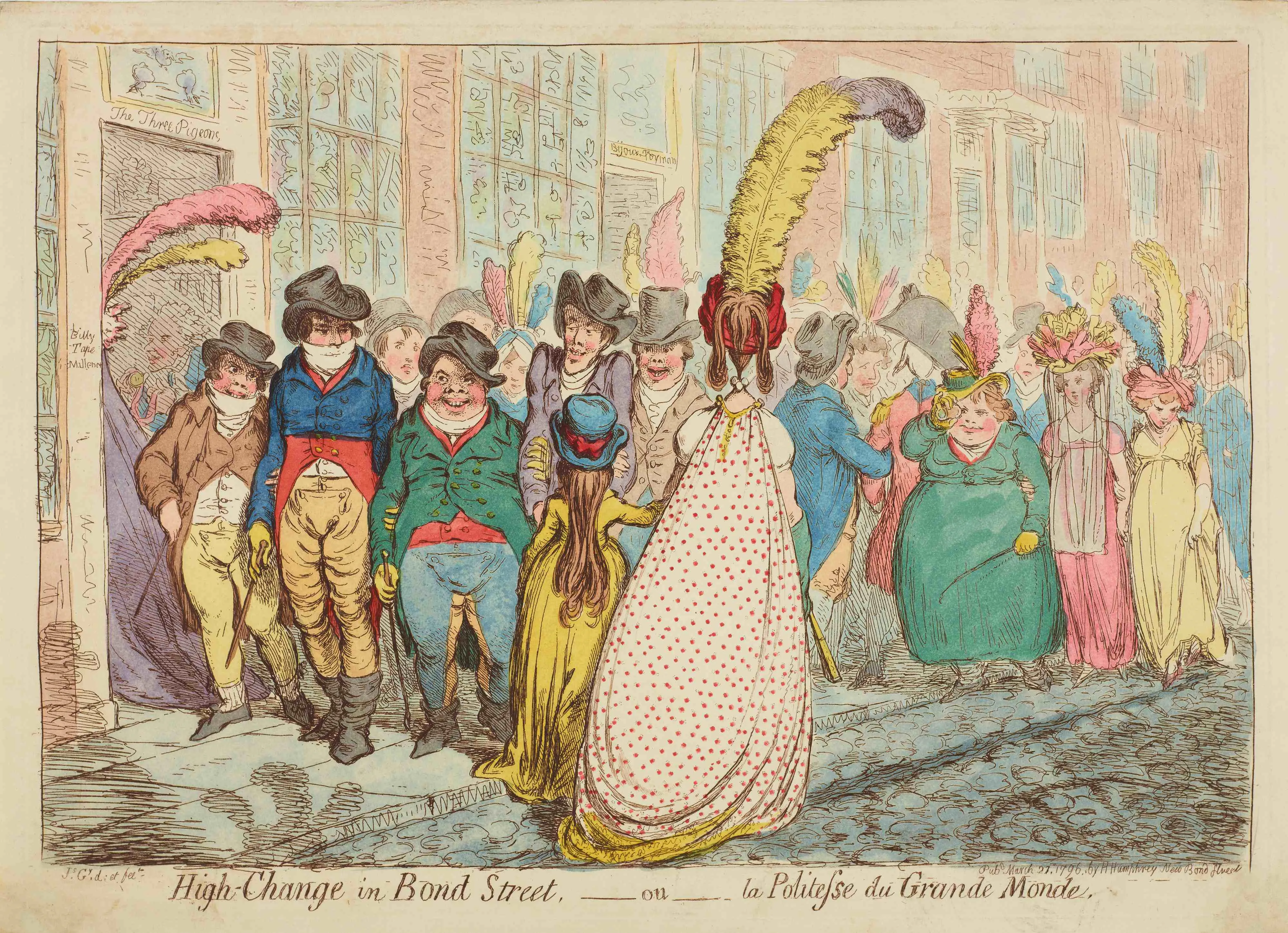 drawing of women with large feather head-dresses and 5 men are lined up and push a women off the pavement