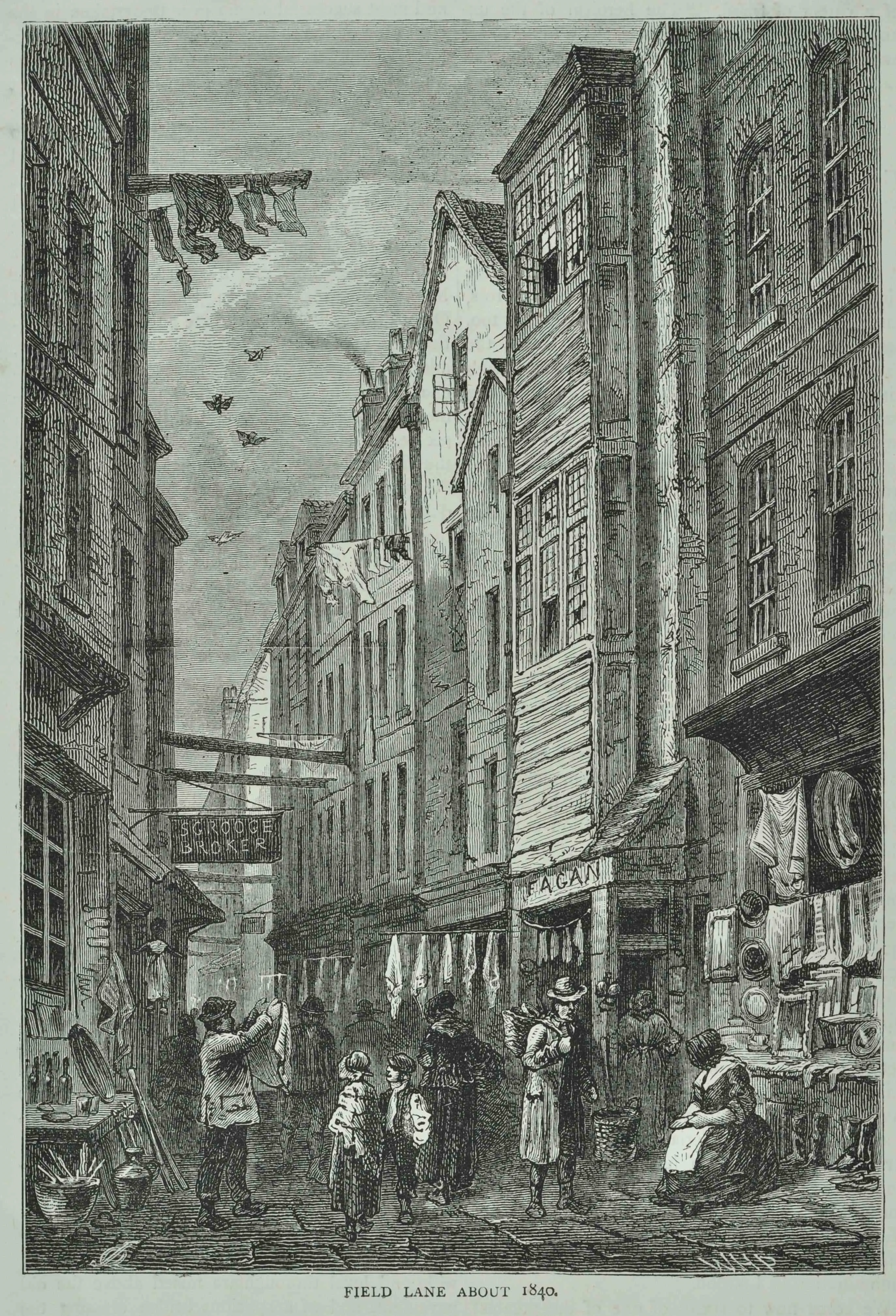 a drawing of a narrow street with people selling there wares in crowded street