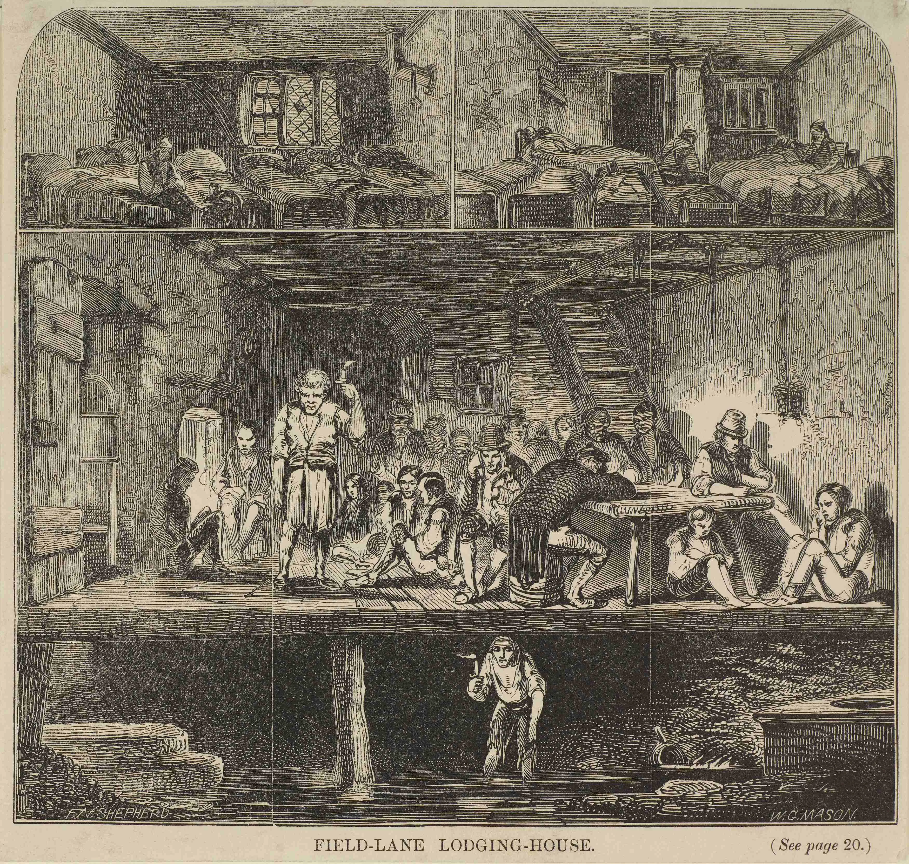interior view of the floors of a a crowded lodging house