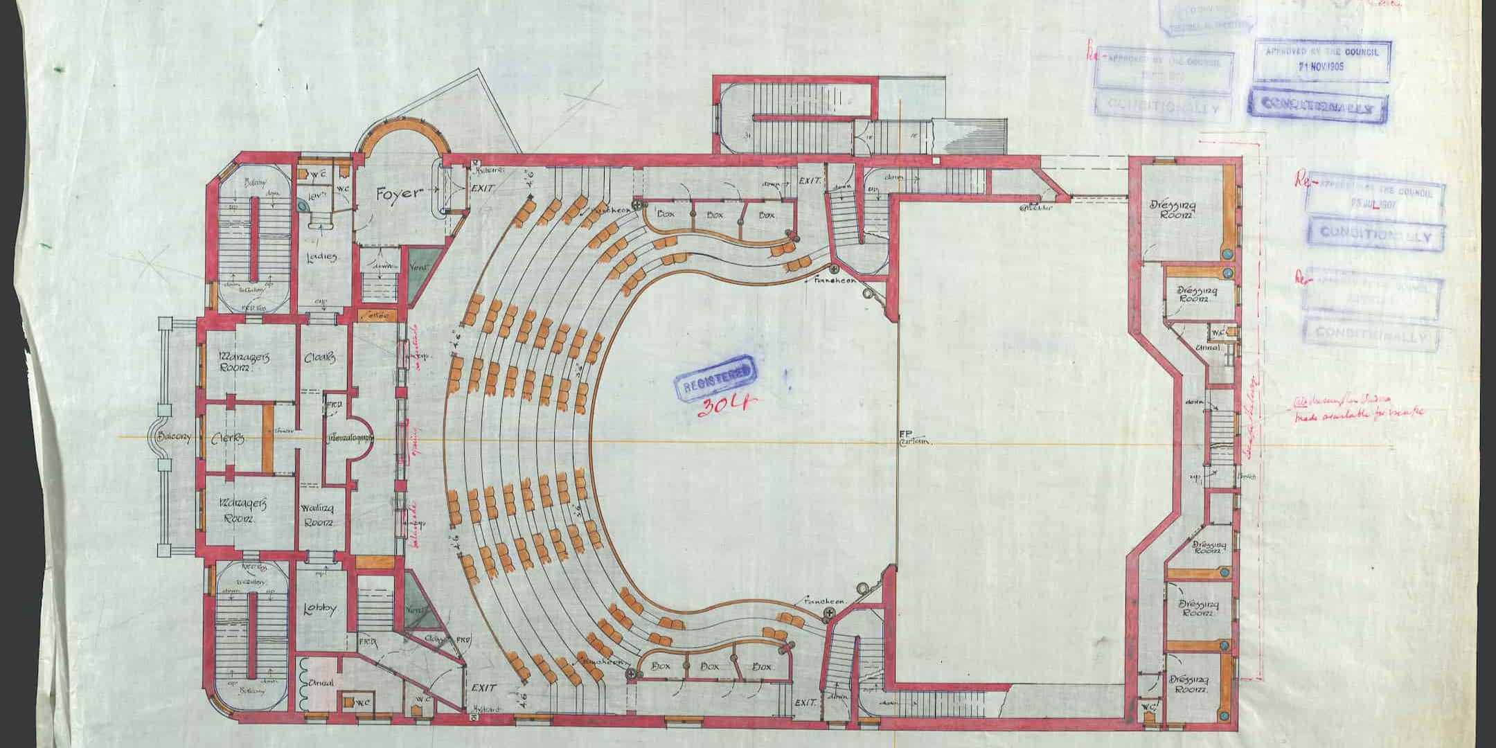 Plan/diagram showing floor plan for music hall