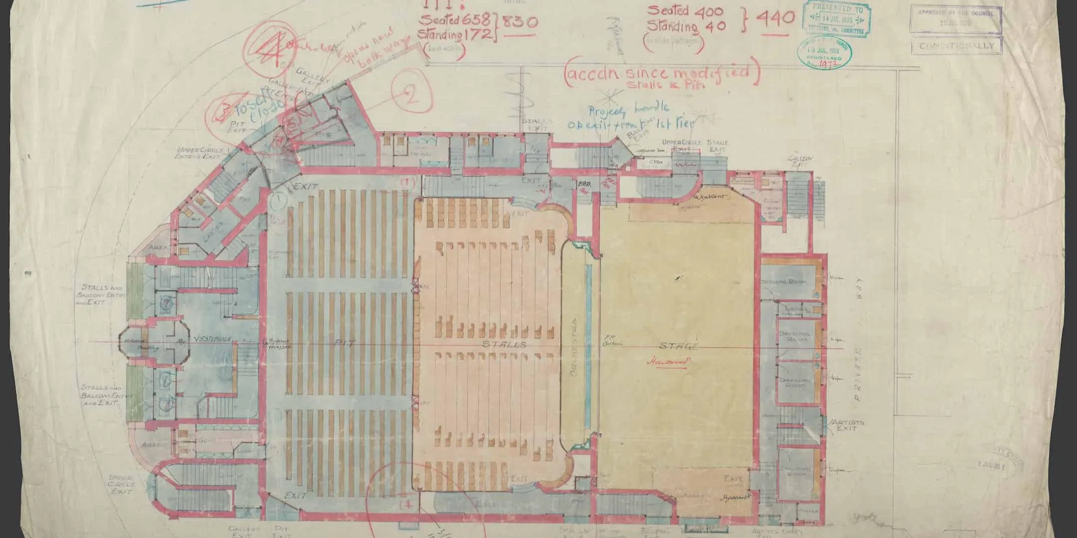 Drawing cut out showing plans for stalls and stands in the music hall