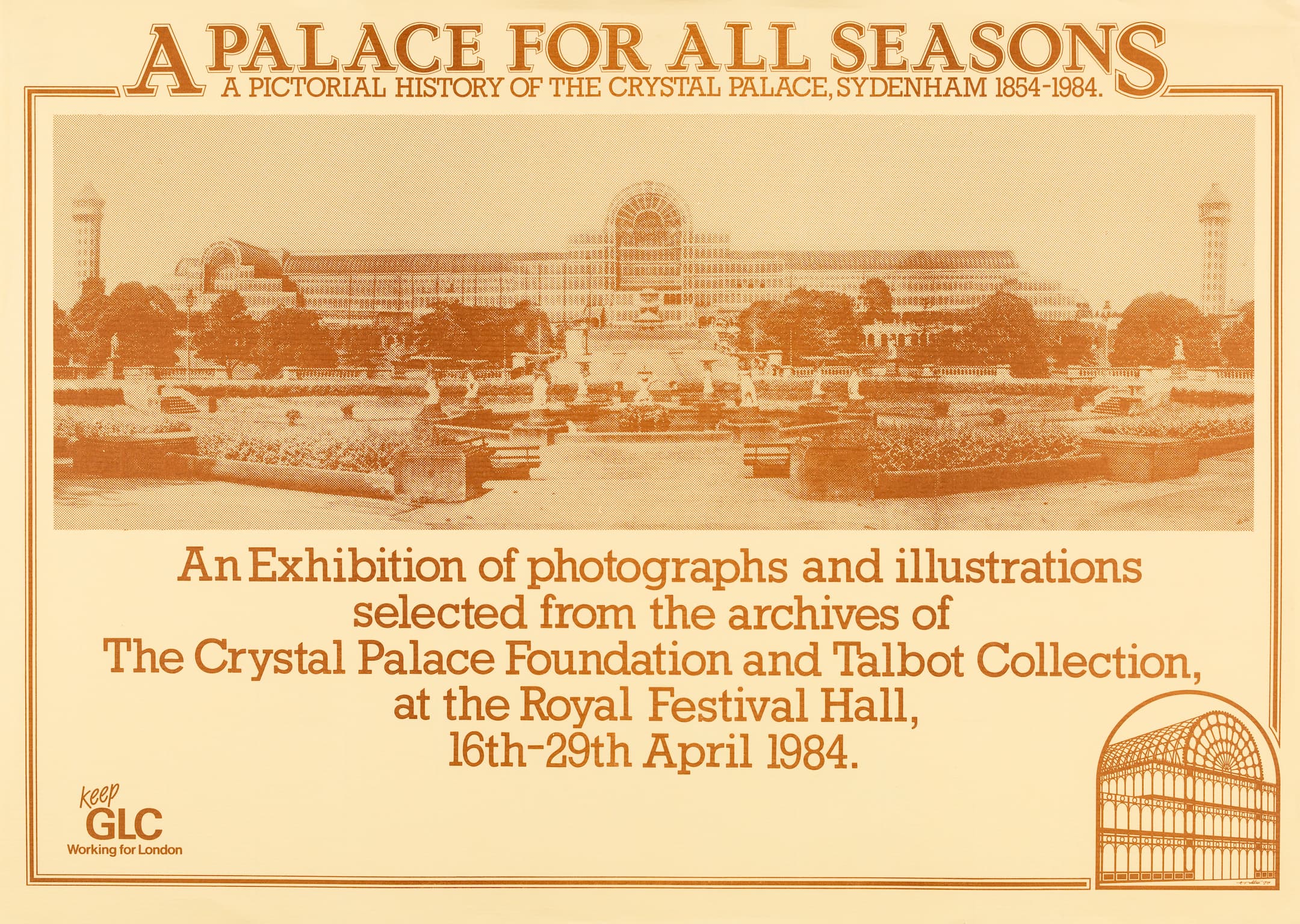 a central picture of a palace made of glass with trees in the foreground and text about the exhibition display