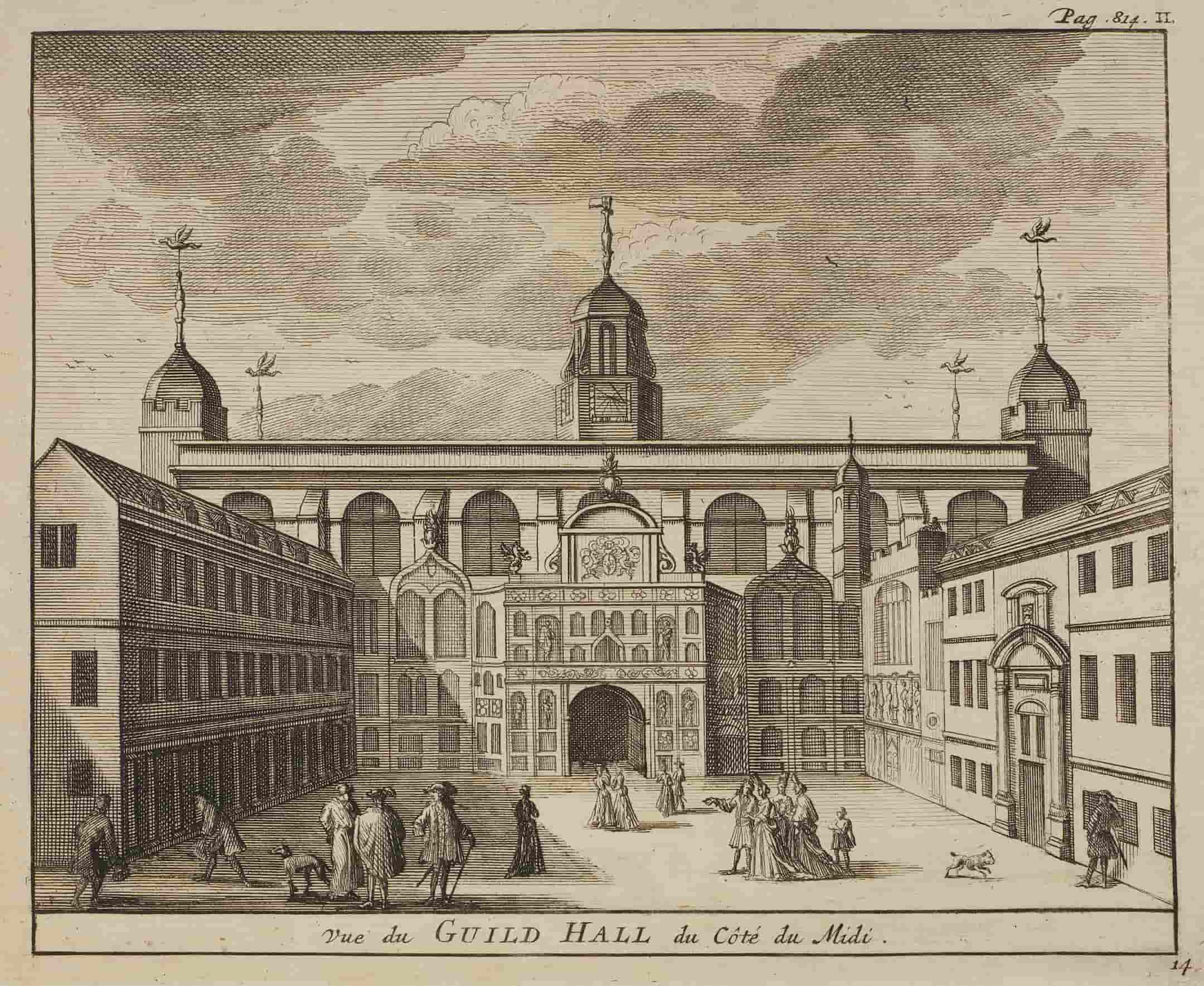 Building with people and dogs in foreground