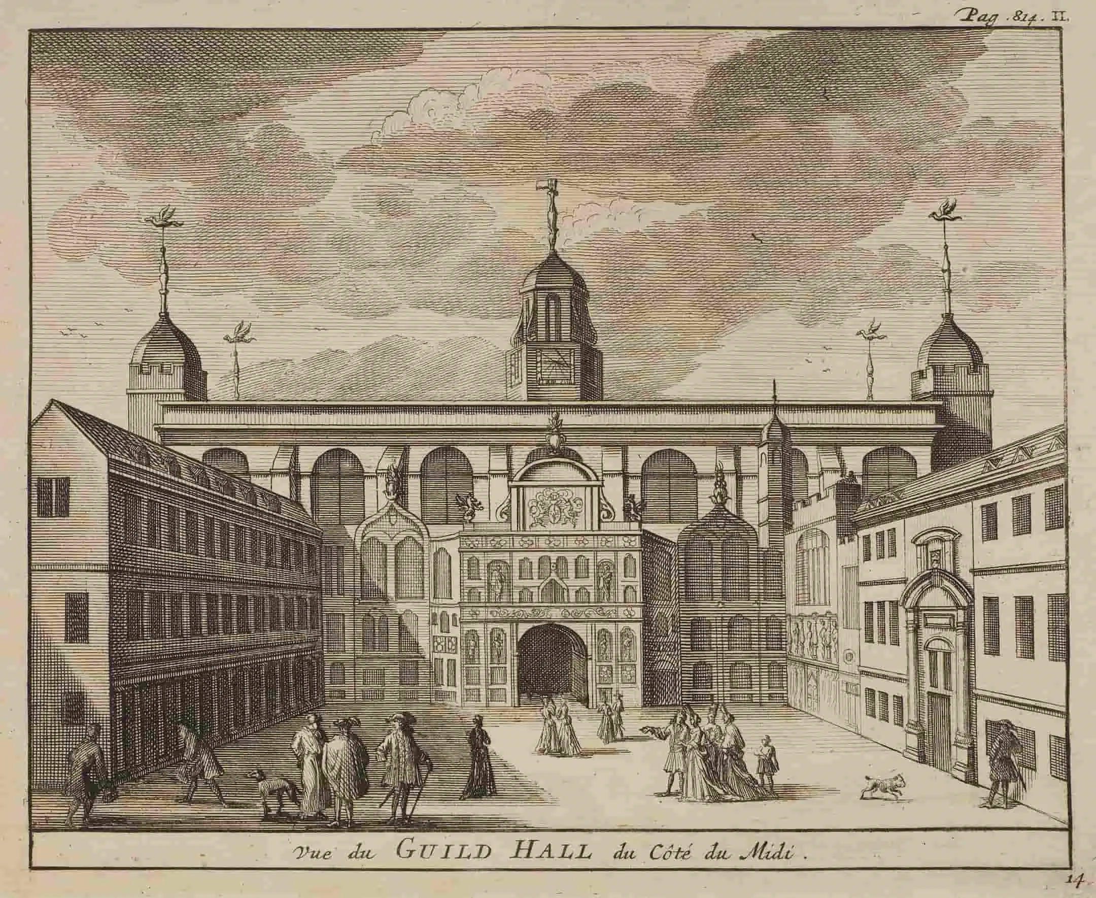 Building with people and dogs in foreground