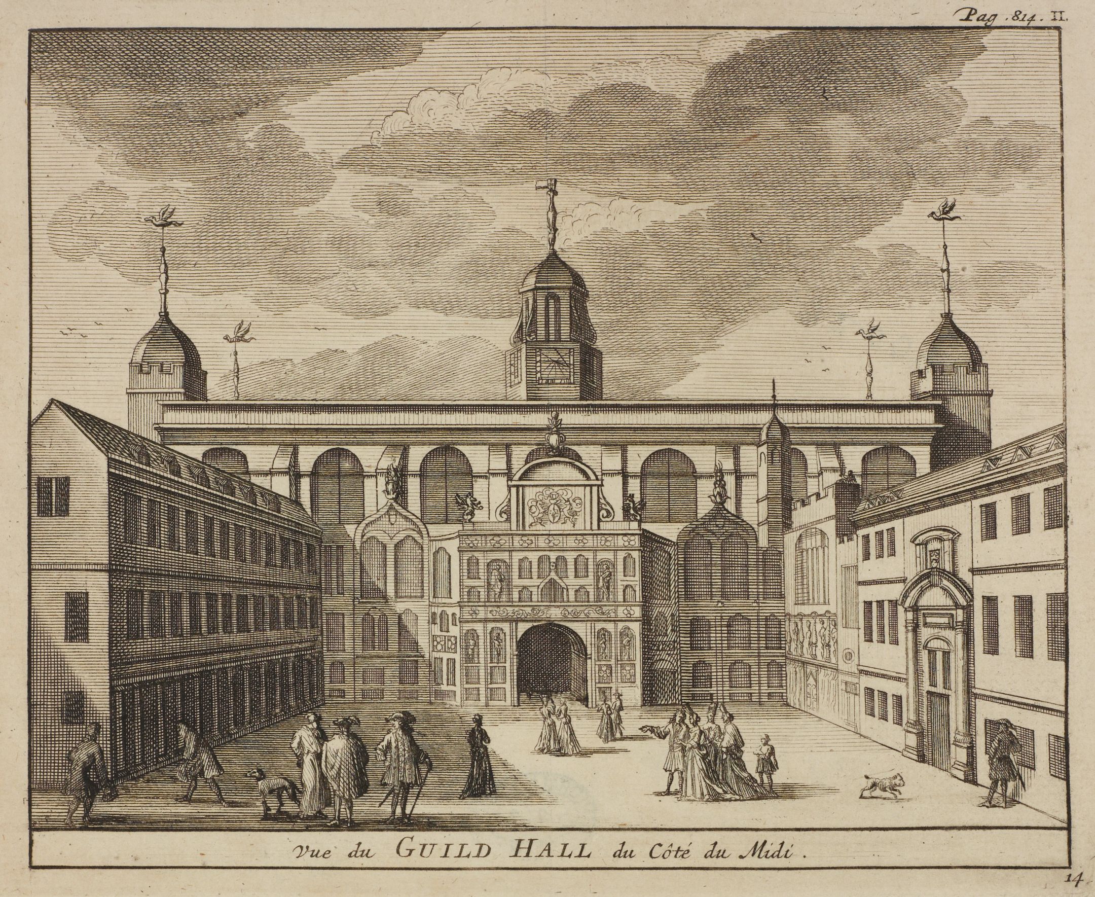 Print of Guildhall Yard from 1707 showing people stood outside 