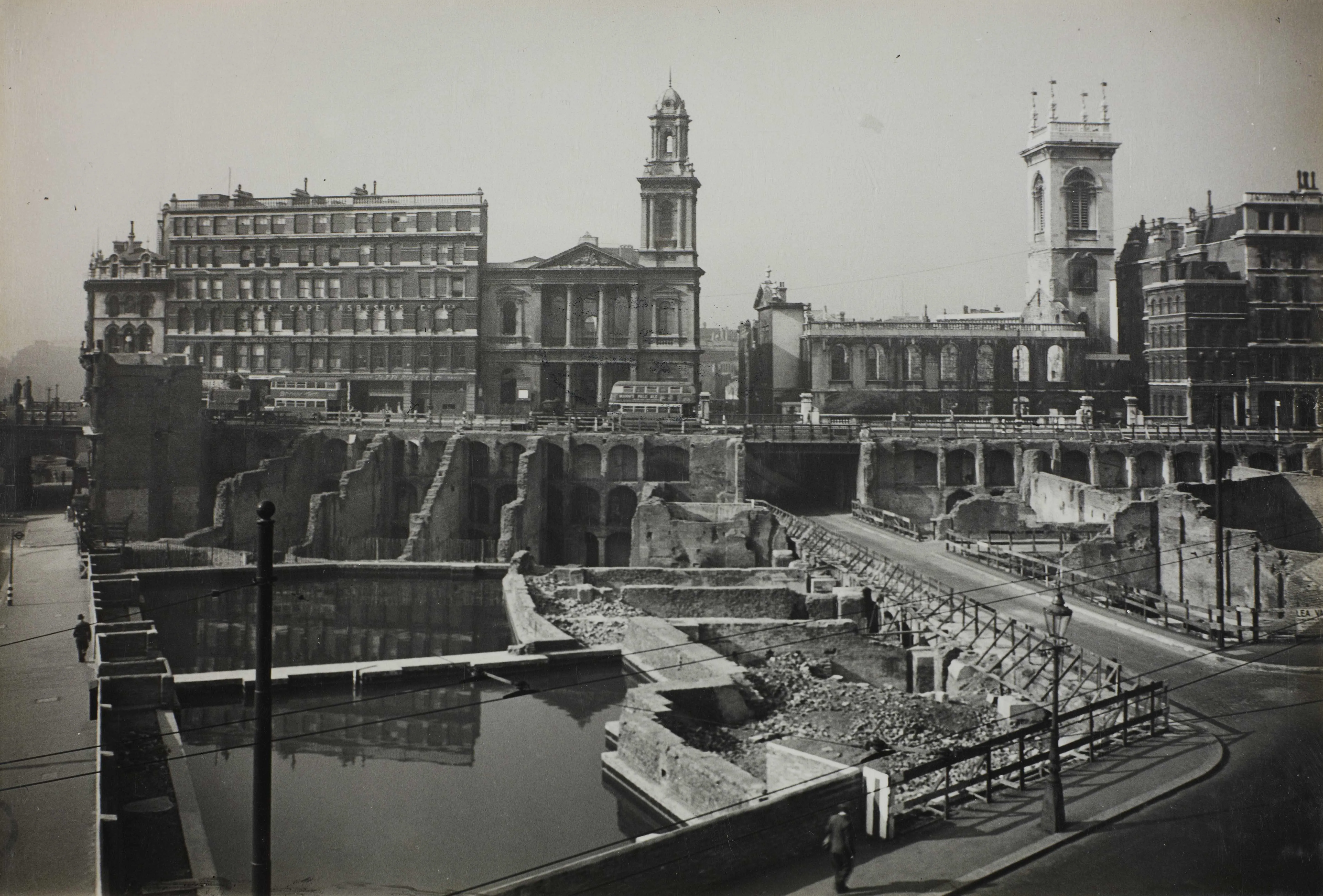 Holborn Viaduct showing bomb sites after demolition of some buildings
