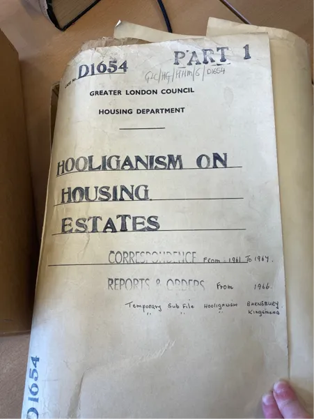 the front of a file entitled Hooliganism on Housing Estates