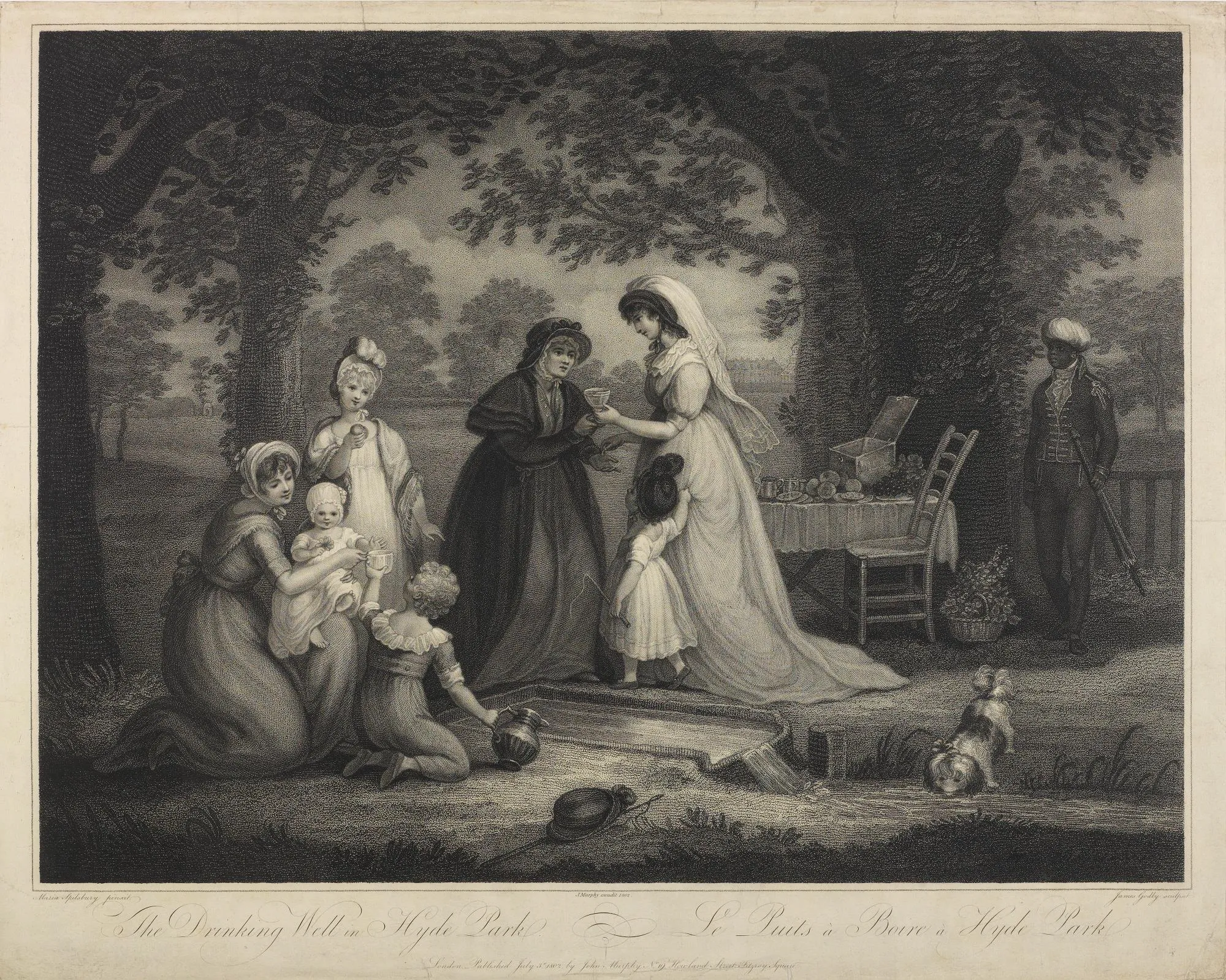 an engraving of a group of women and children in a park with a dog and black page boy in the scene