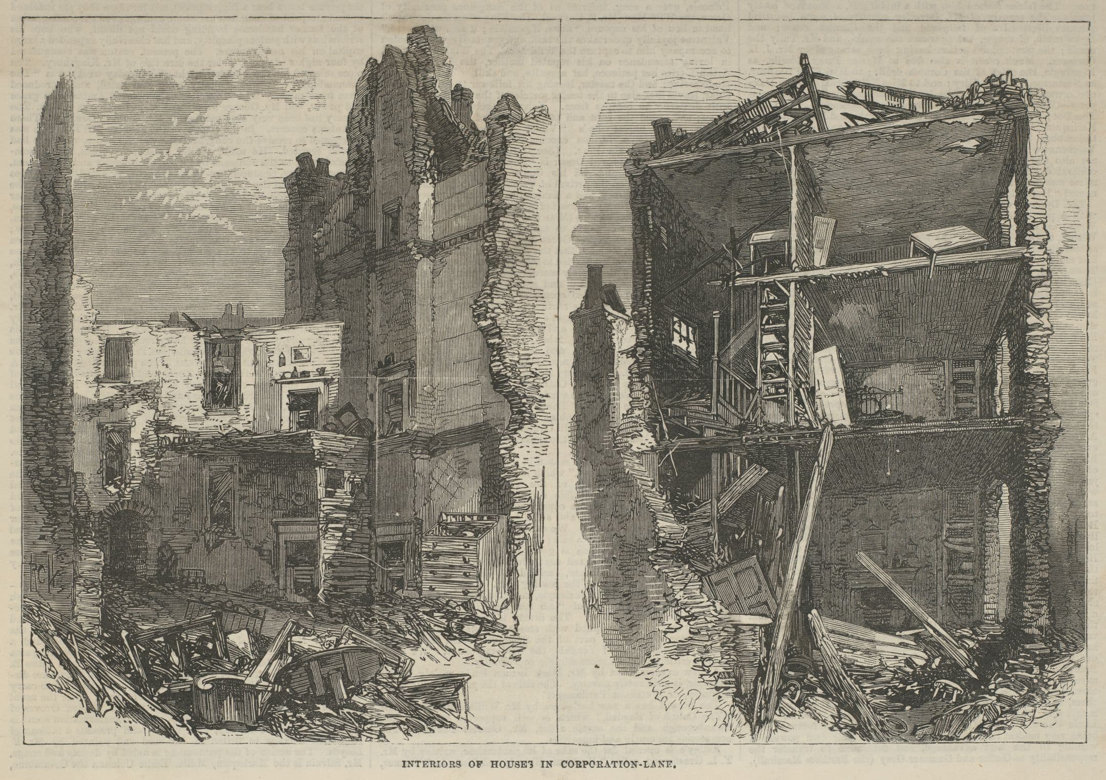 print showing interiors of damaged buildings