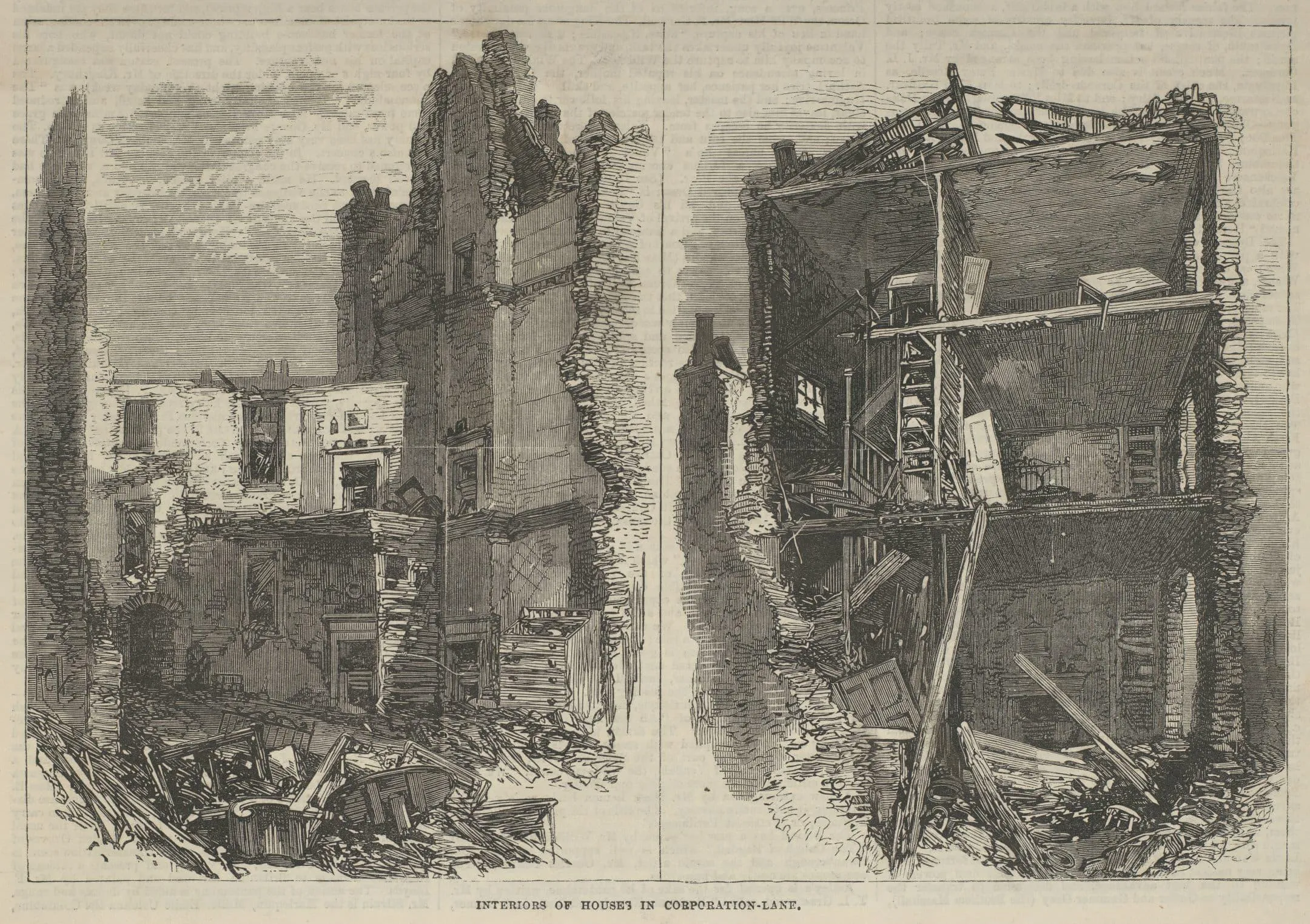 print showing interiors of damaged buildings