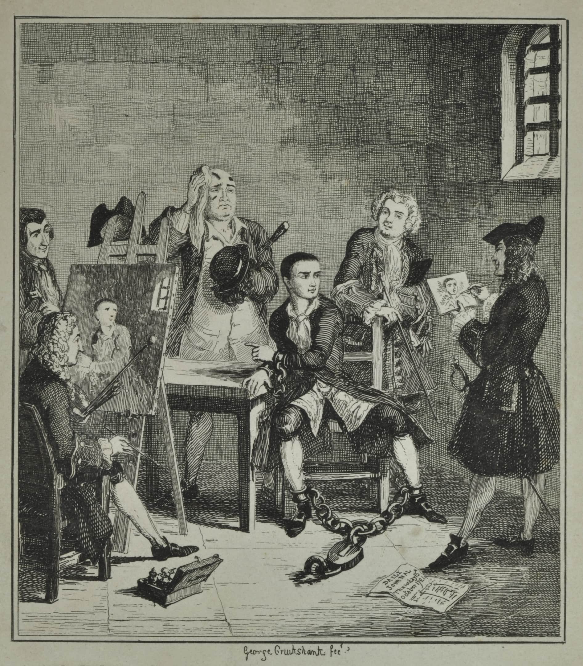 a man sits on a chair and has a large chain and padlock on his ankles