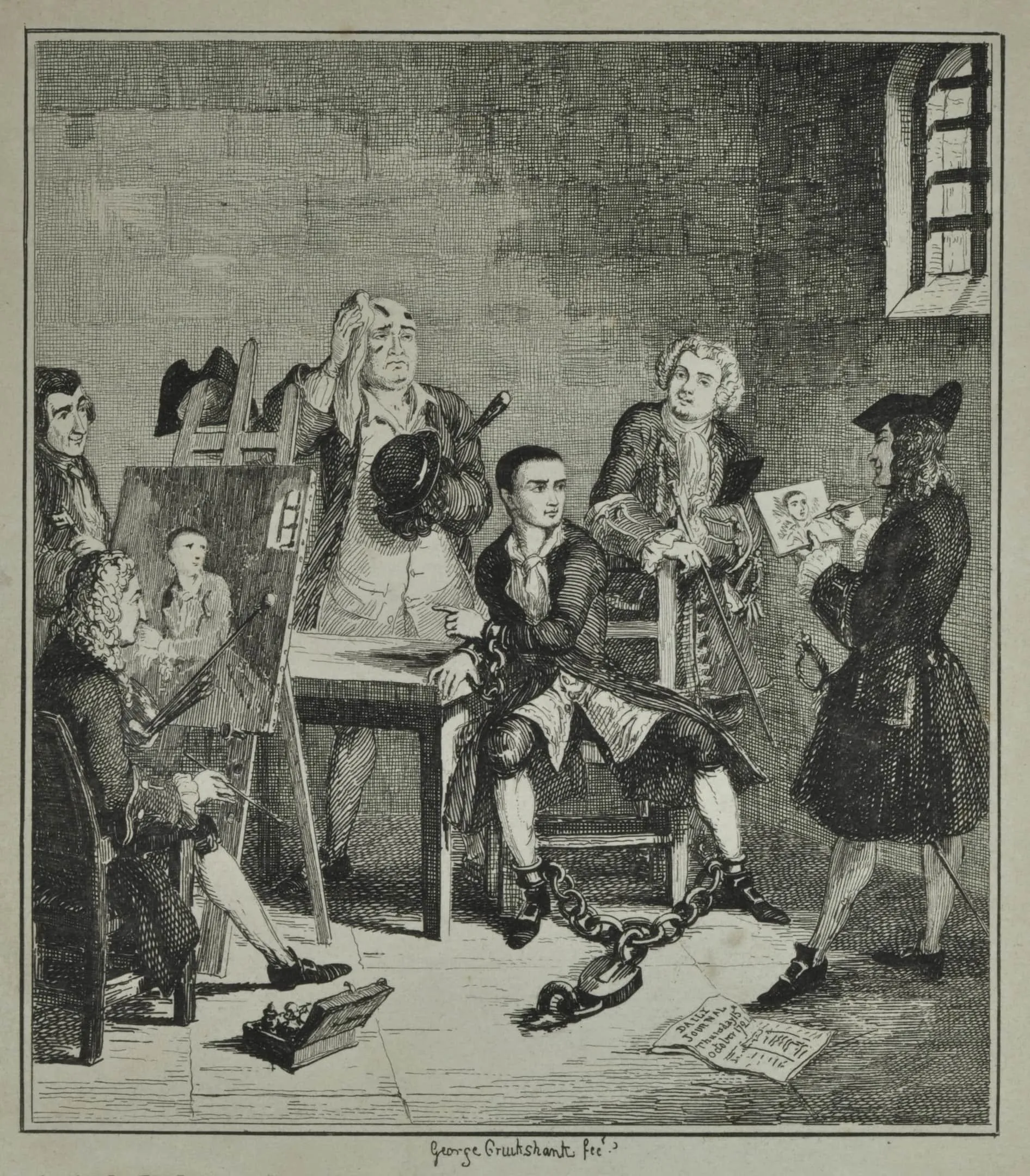 a man sits on a chair and has a large chain and padlock on his ankles