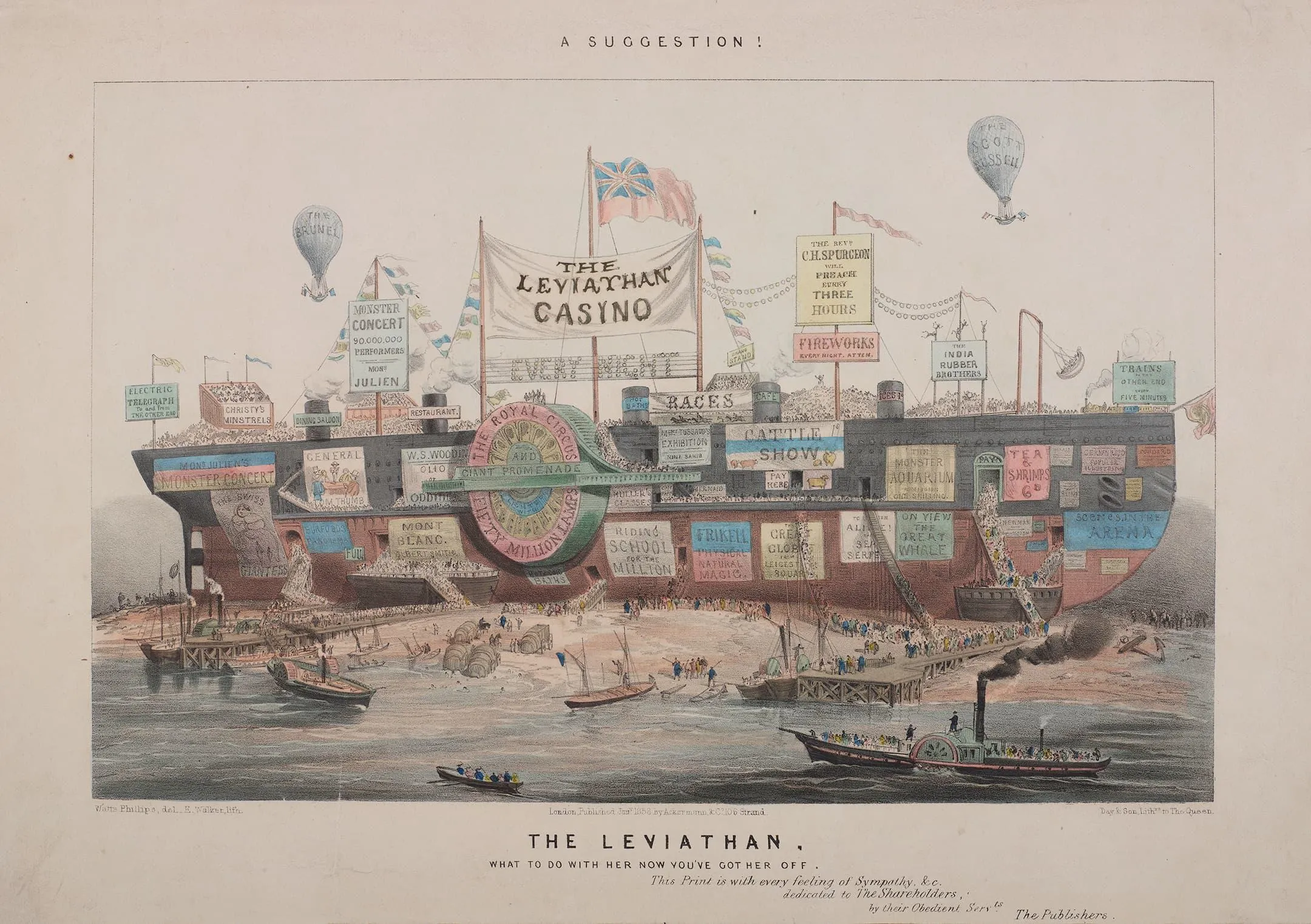 a print of a ship covered in notices mocking the purpose of the ship as it was so large