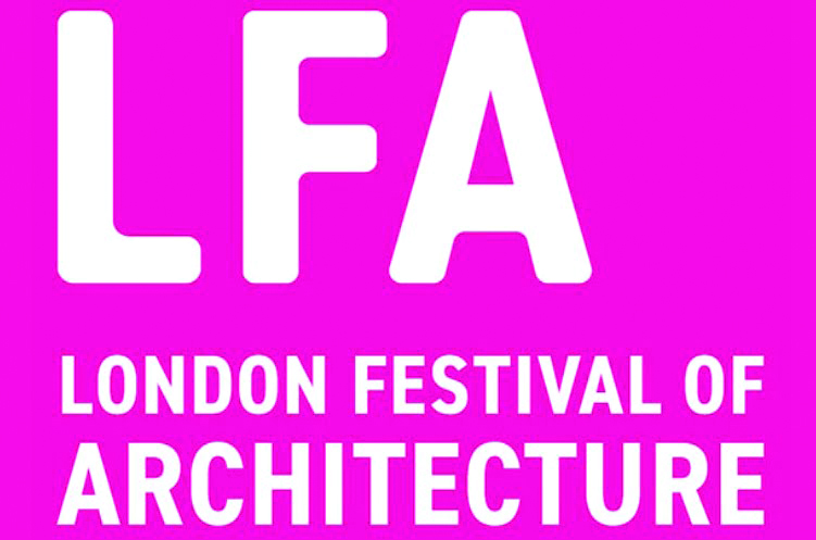London Festival of Architecture Logo on a pink background with white text.