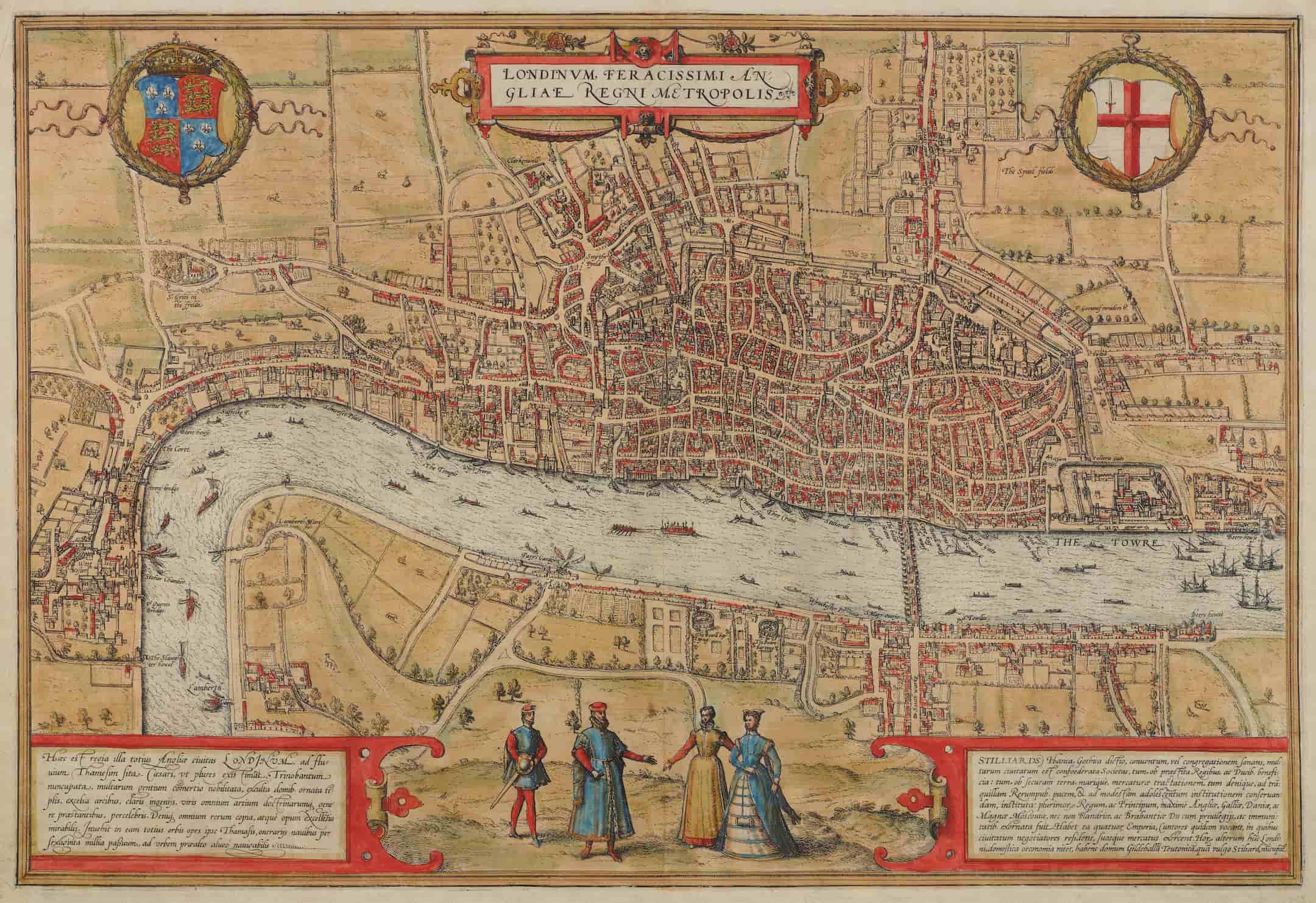 Detailed and decorated map of London, red and yellow shades. In the bottom two corners are boxes of writing