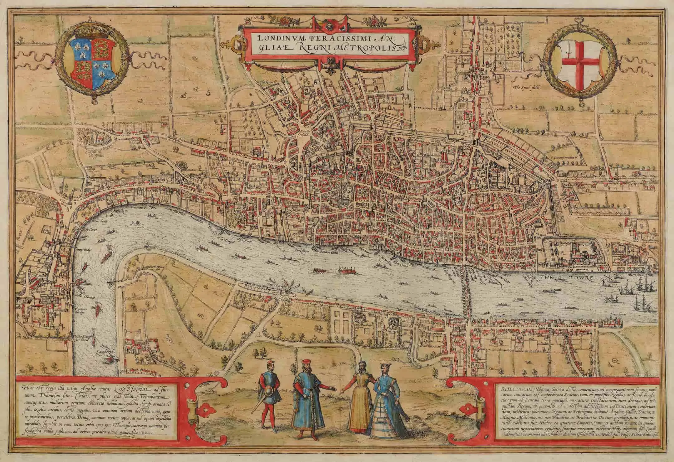 Detailed and decorated map of London, red and yellow shades. In the bottom two corners are boxes of writing