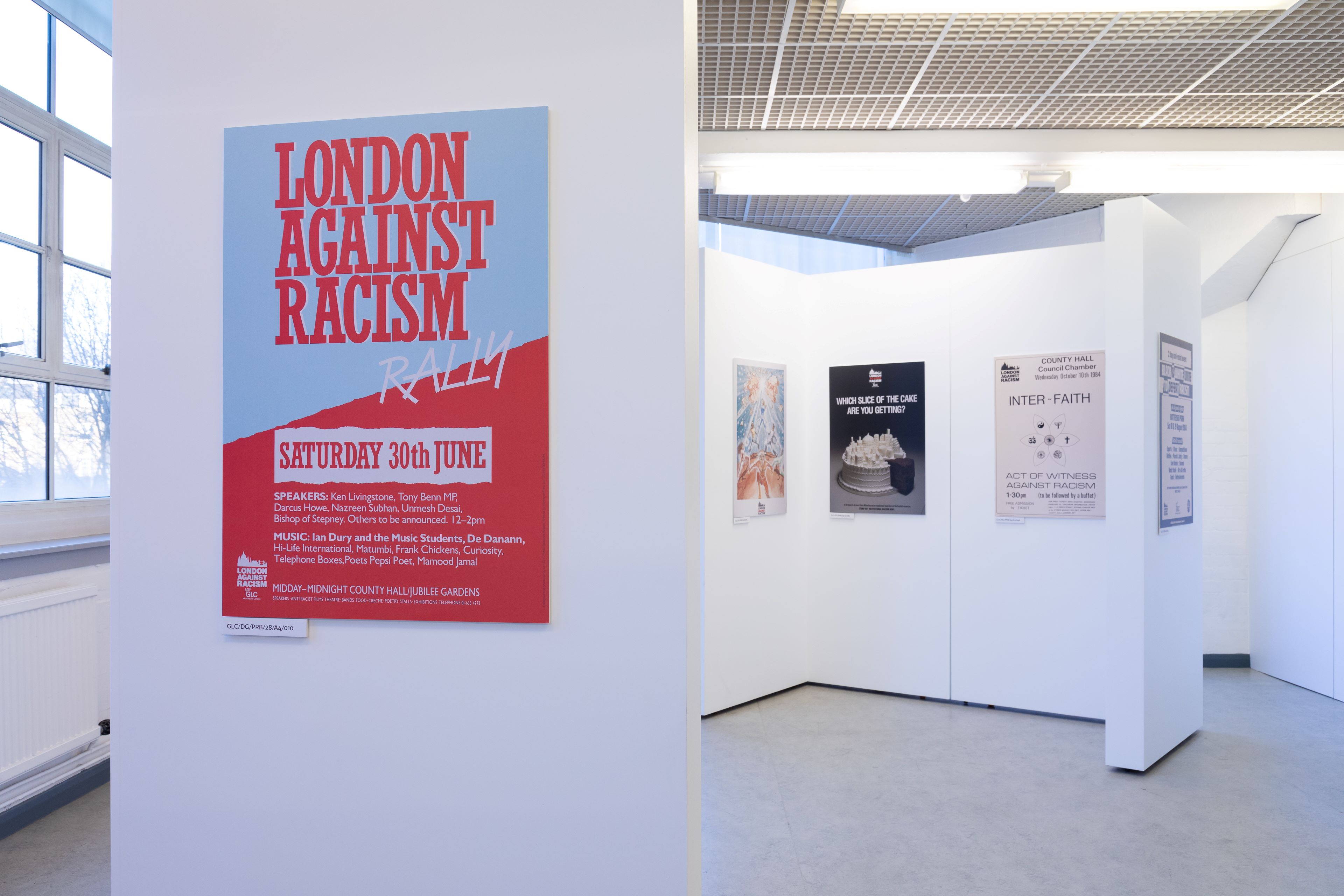 view of exhibition of London Against Racism posters