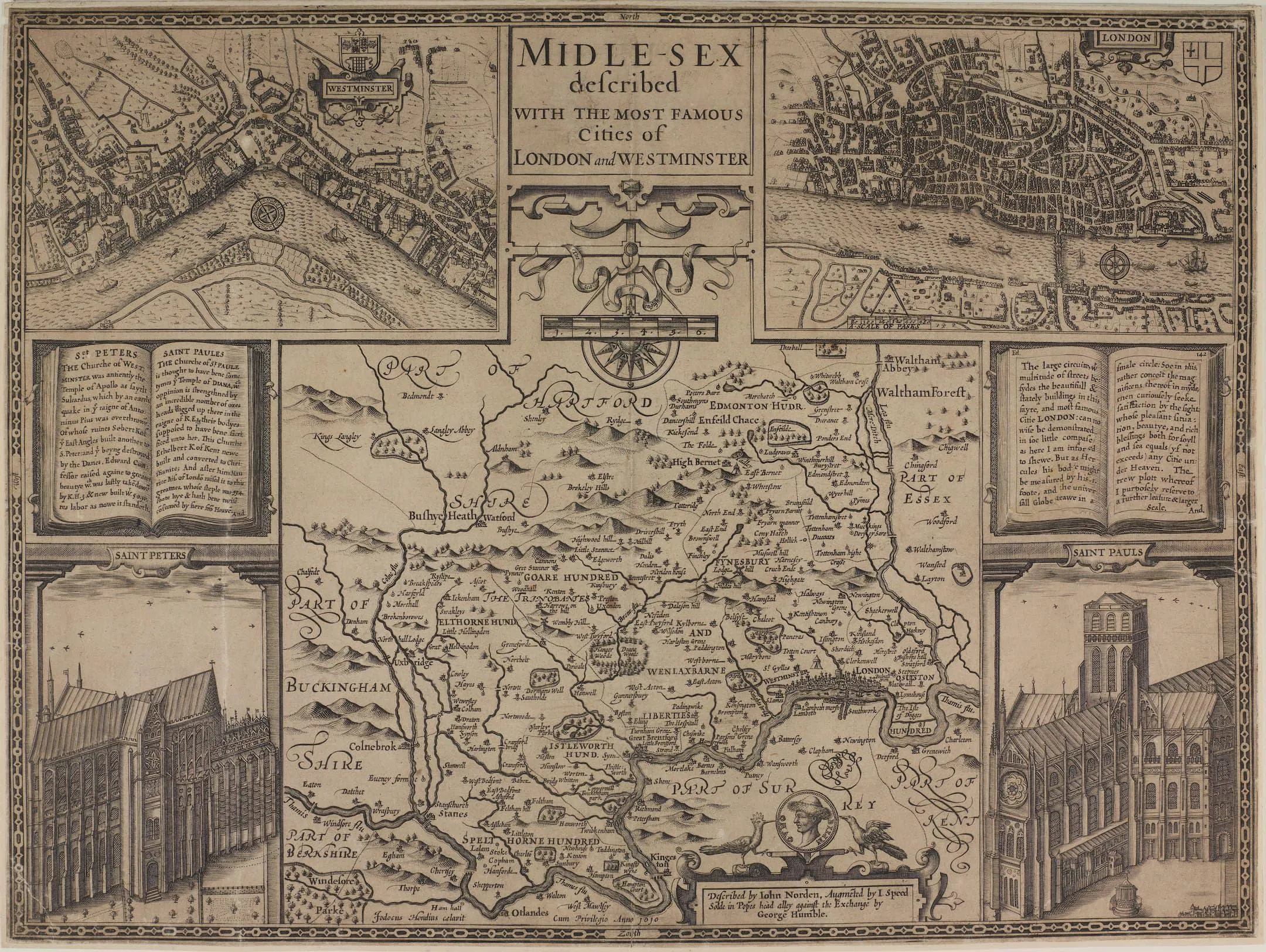 map of Middlesex with images around the outside including early St Paul's Cathedral