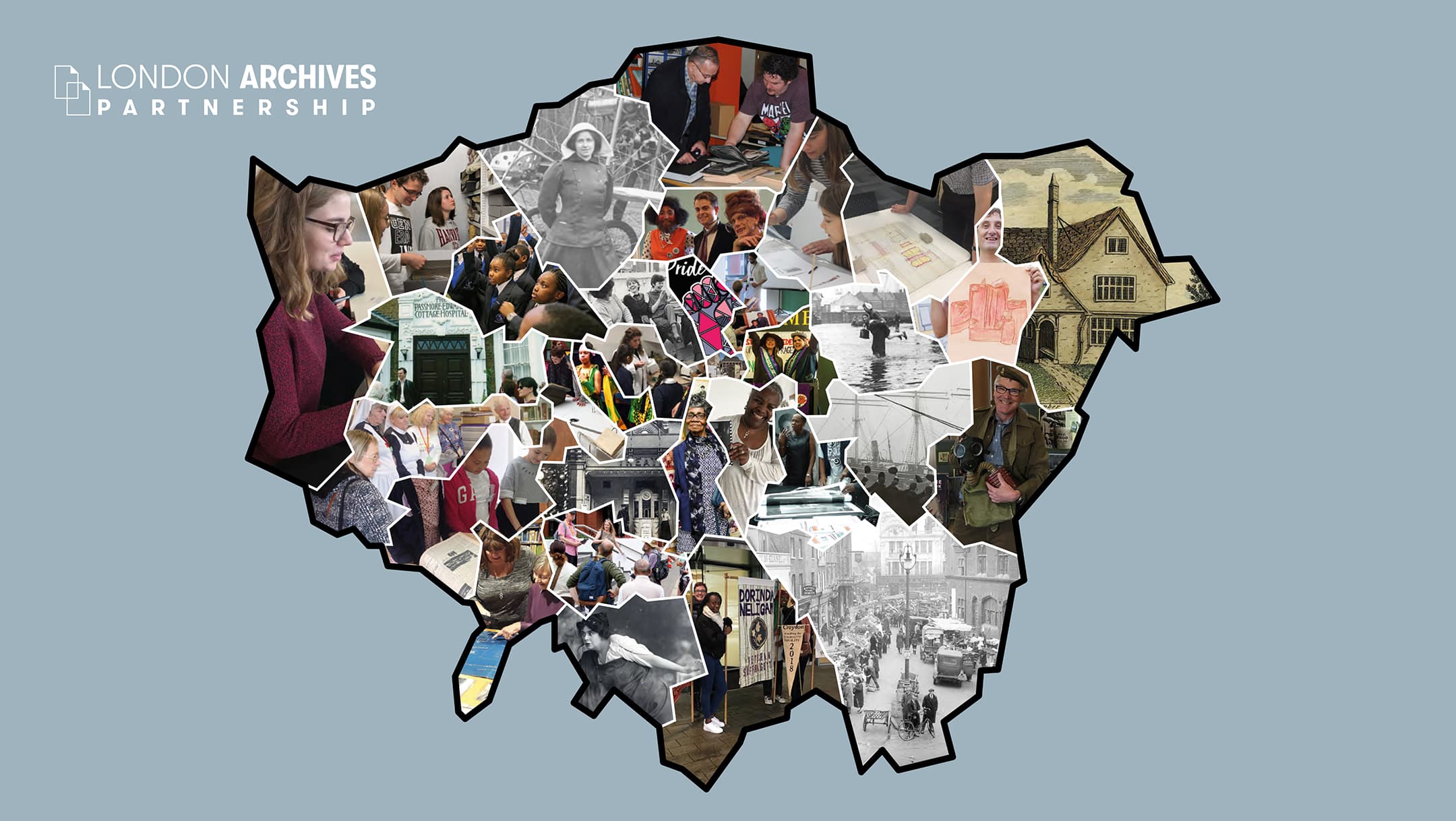 Stylised map of London's boroughs with pictures of people, archives and activity within each borough area