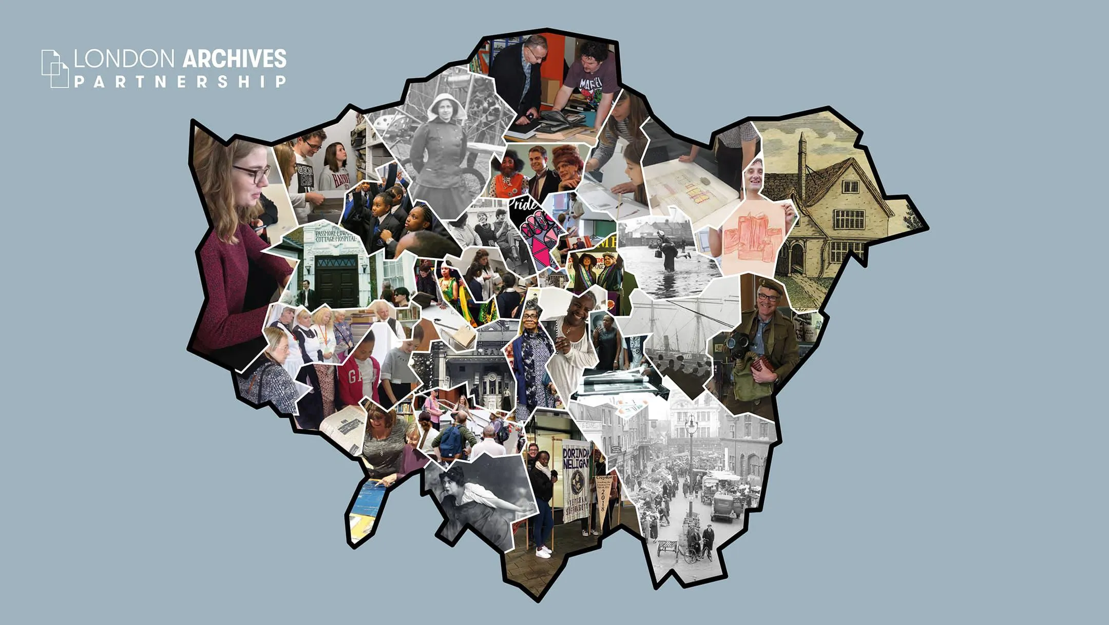Stylised map of London's boroughs with pictures of people, archives and activity within each borough area