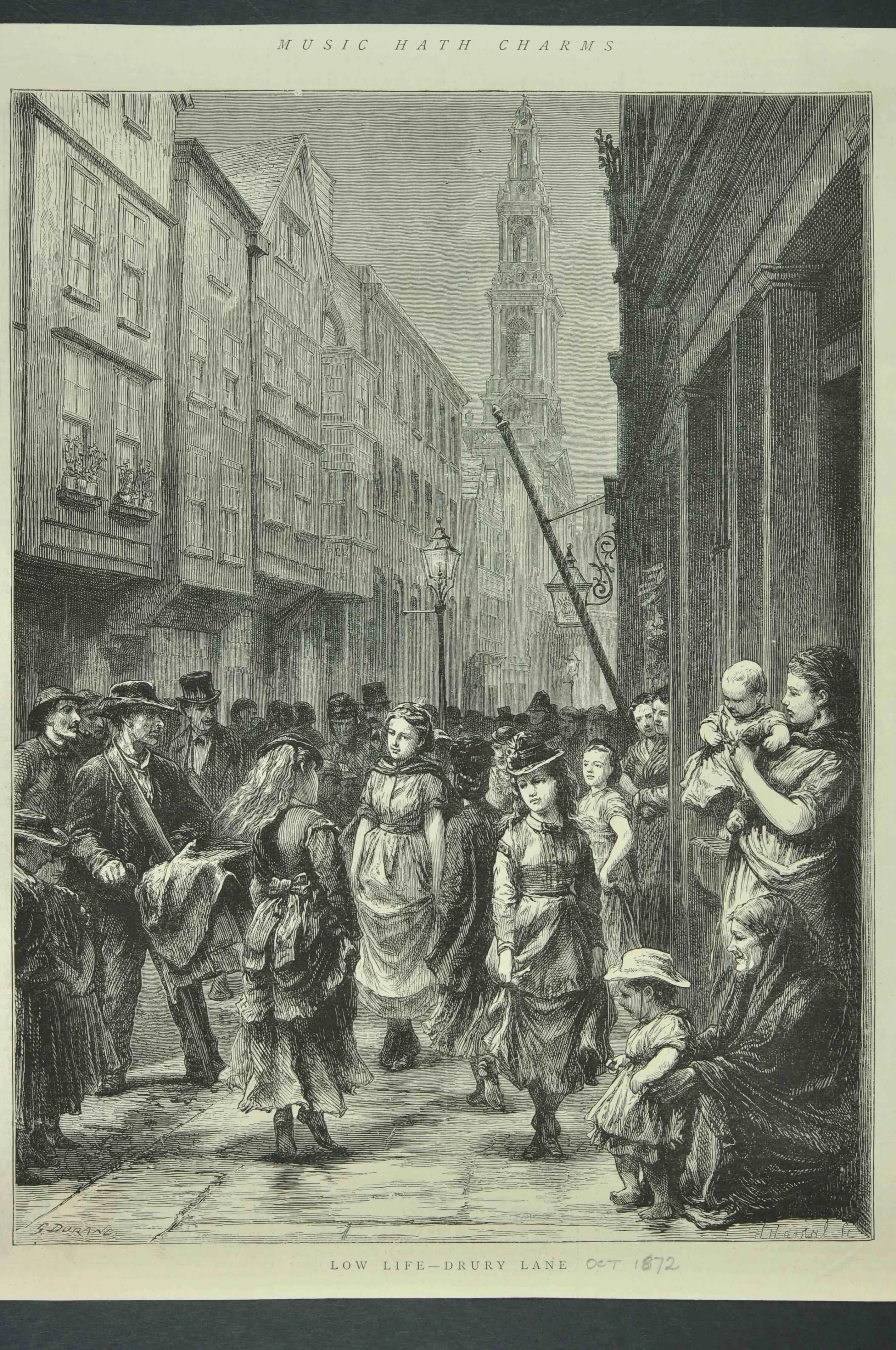 drawing of women and children crowded into a street