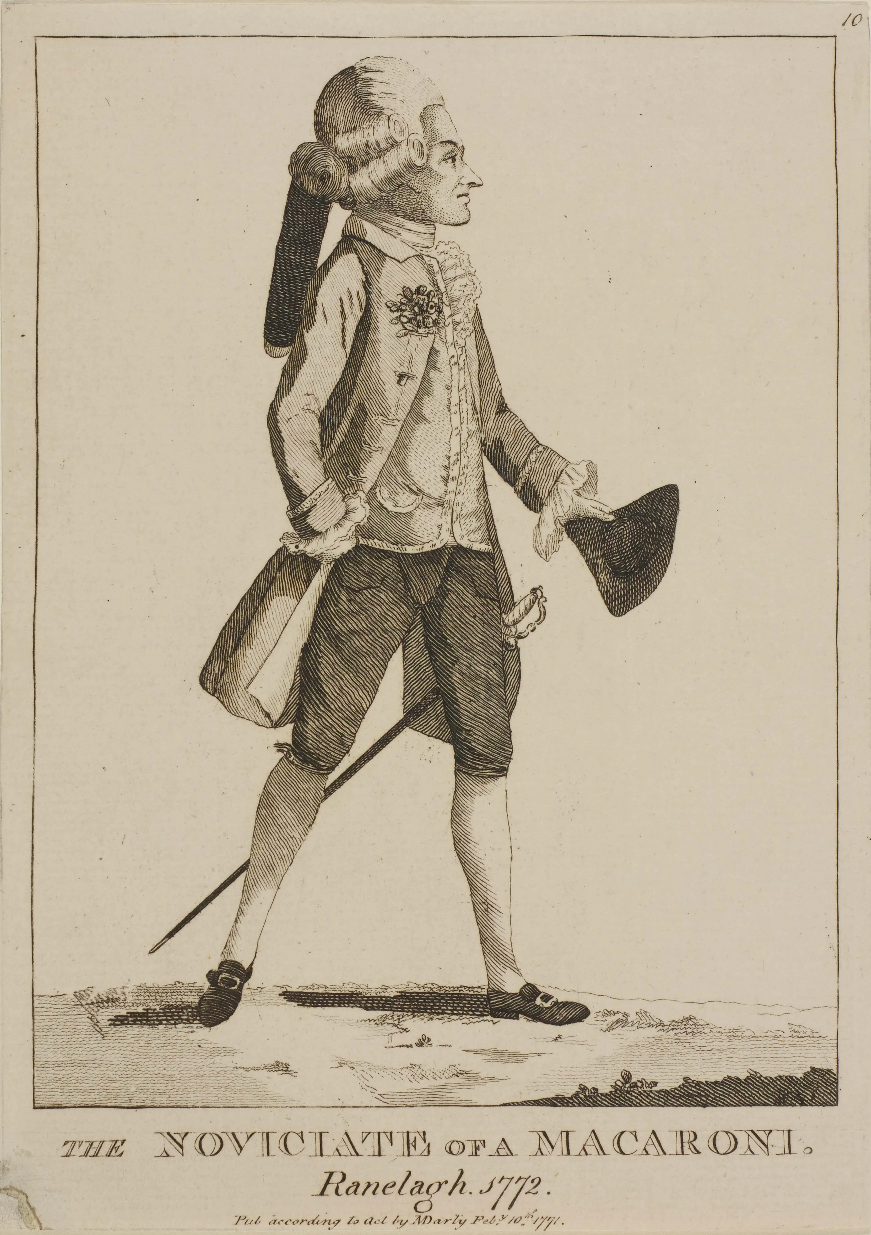 drawing of a man in a wig, legs standing apart with hat in hand