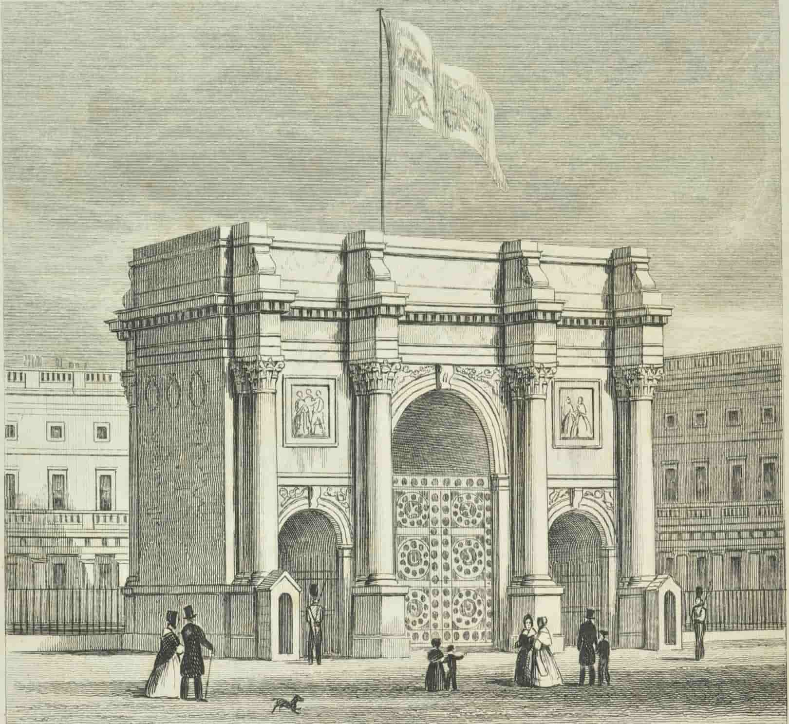 drawing of marble arch with people and a dog in the foreground