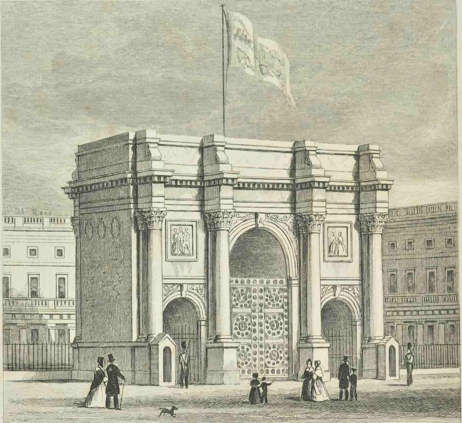 drawing of marble arch with people and a dog in the foreground