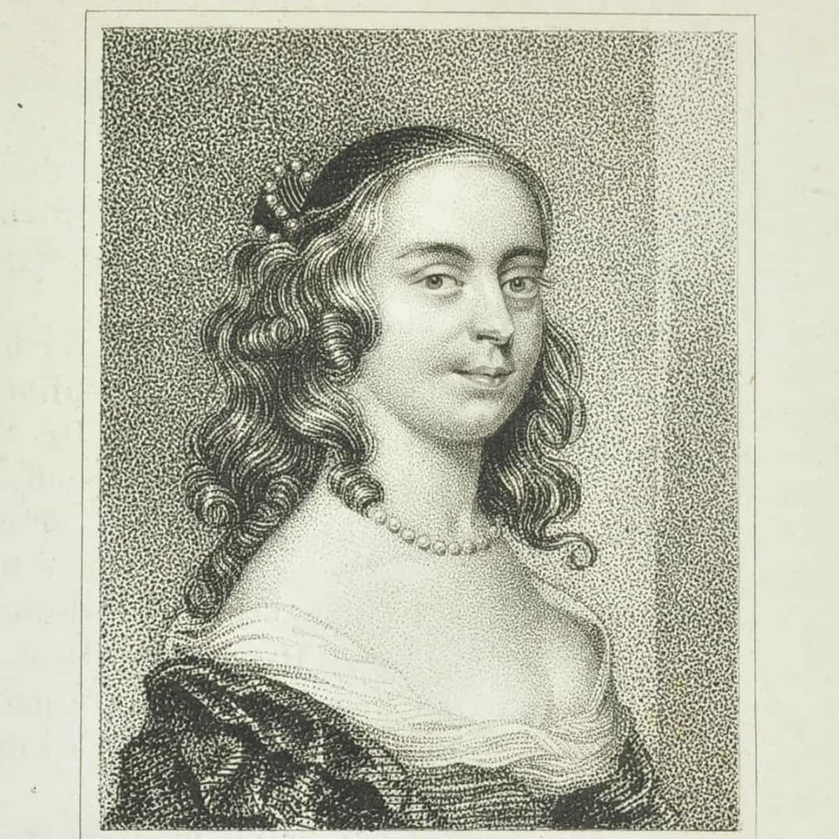 Engraving of a woman with curls around her face and pearls around her neck