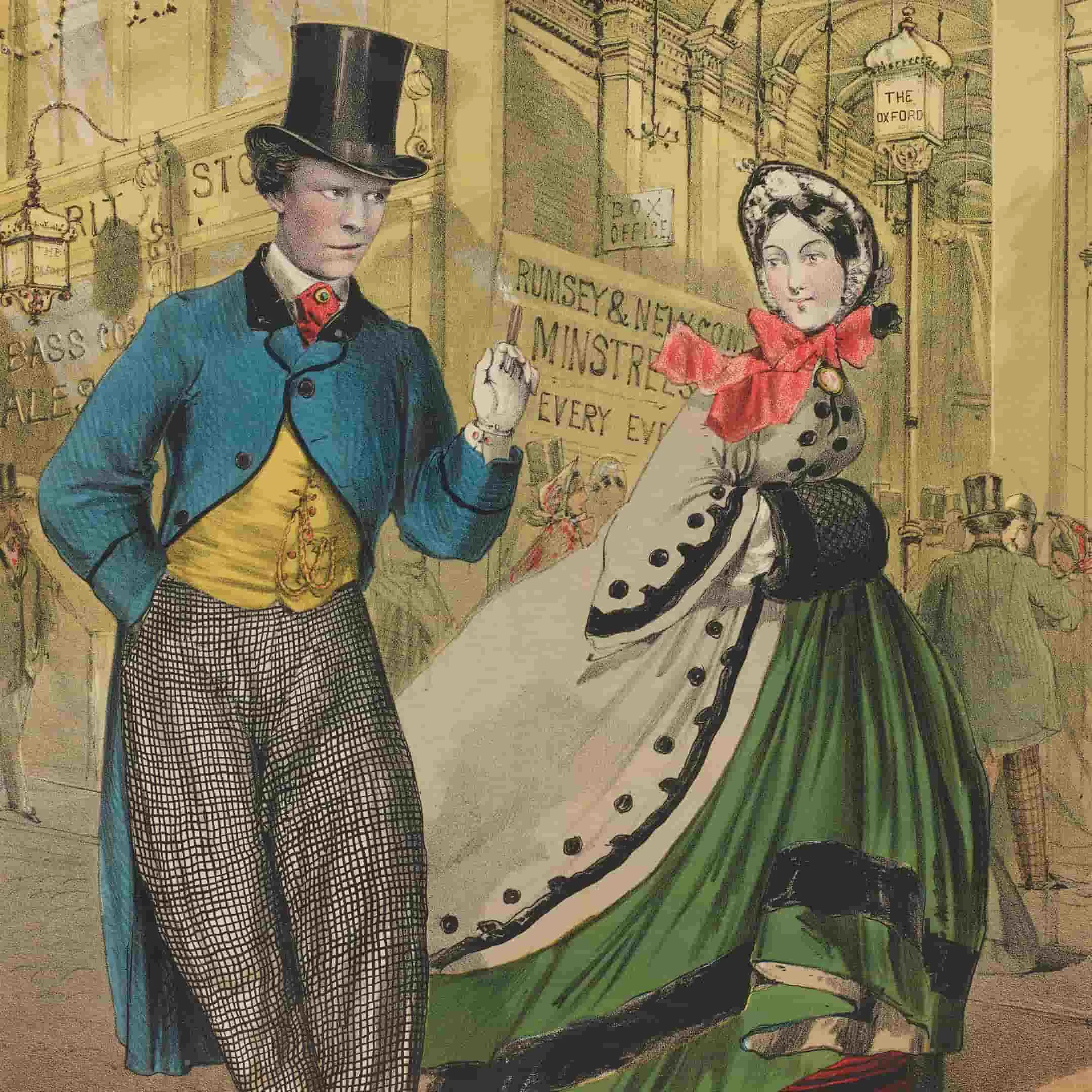 Man in top hat, and woman in long dress outside crowded music hall entrance