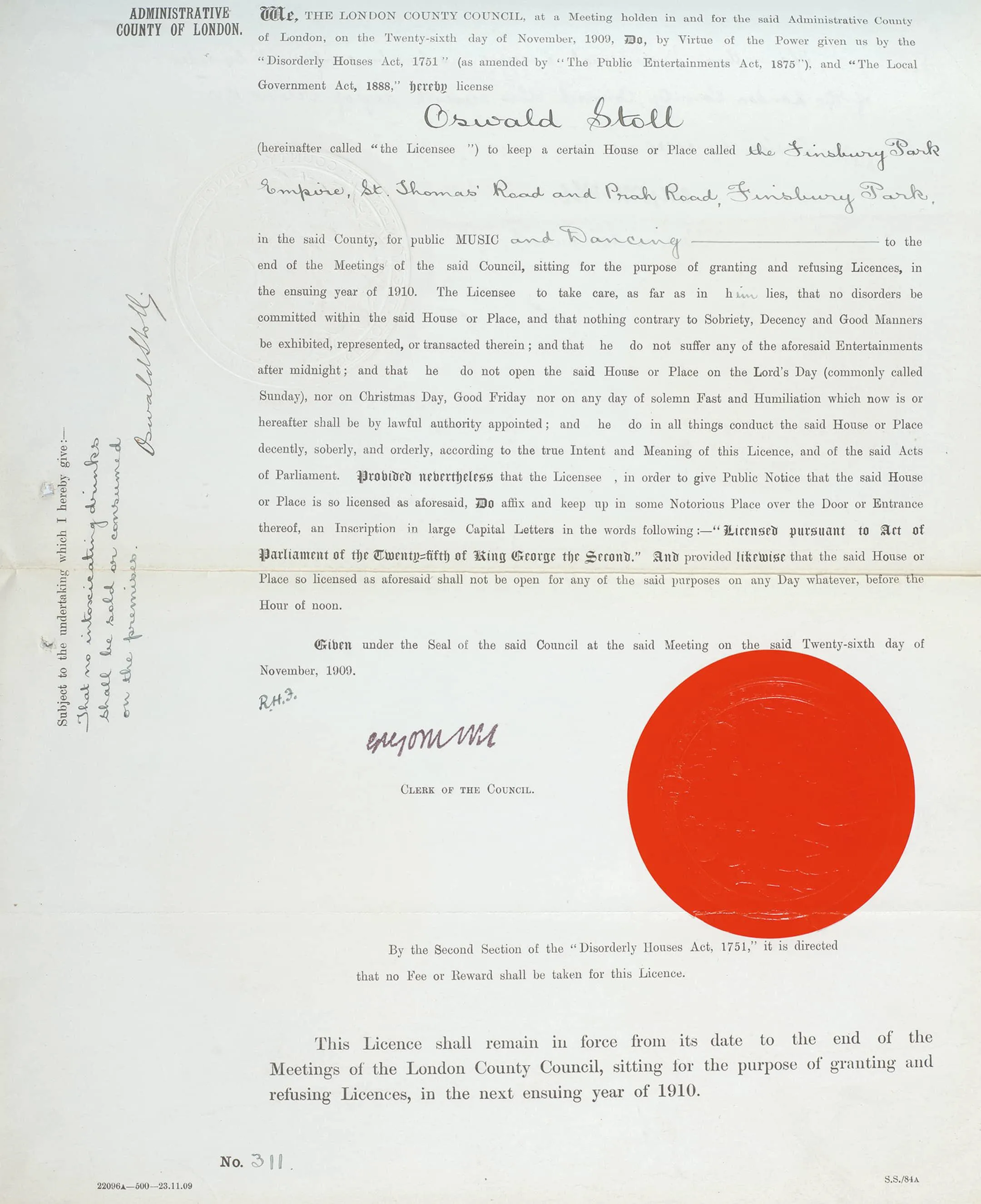 Paper licence with the red seal of the London County Council