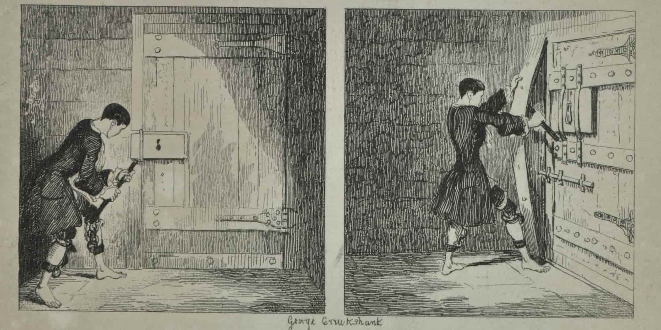 Drawings show man breaking a lock on a door and then taking off a wooden panel from the door 