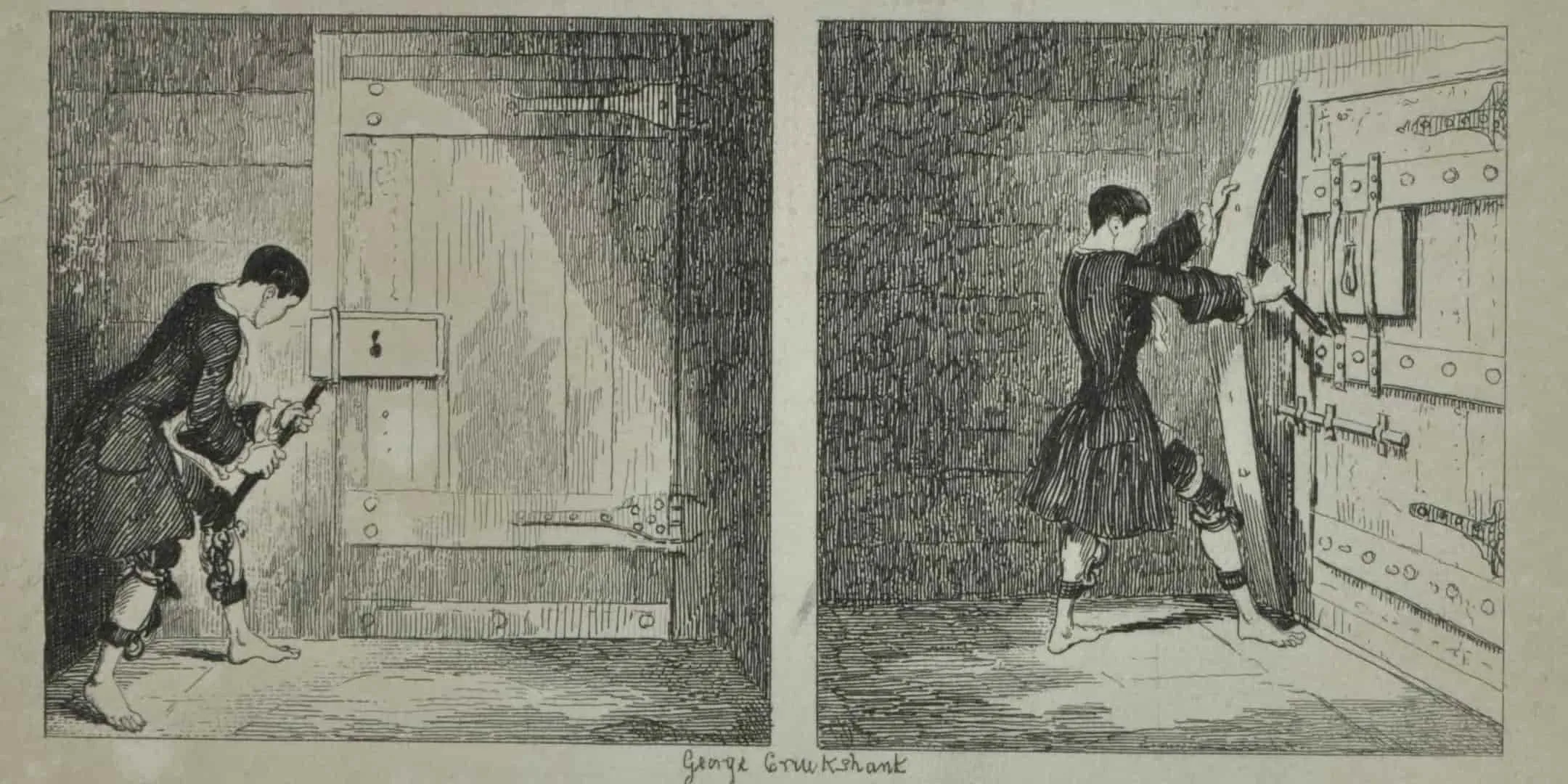 Drawings show man breaking a lock on a door and then taking off a wooden panel from the door