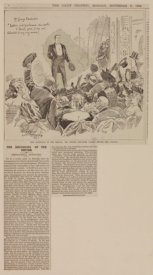 Newspaper article, with an illustration at the top of people watching a man on stage 