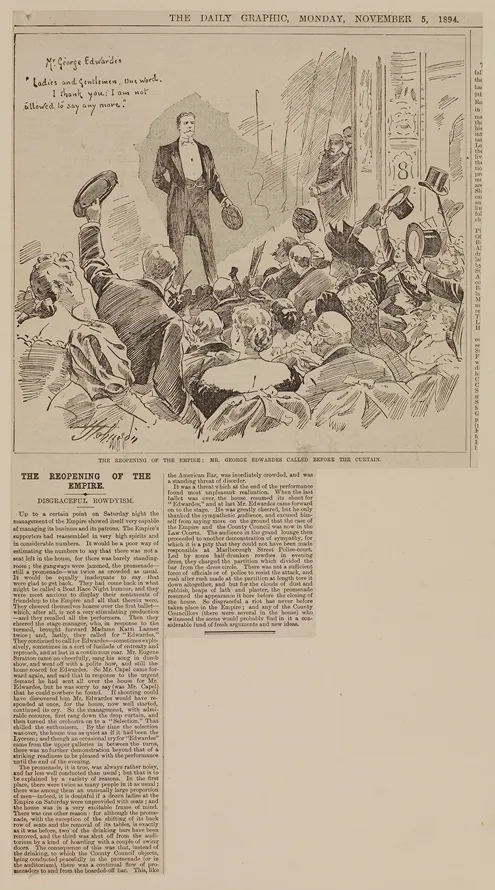Newspaper article, with an illustration at the top of people watching a man on stage