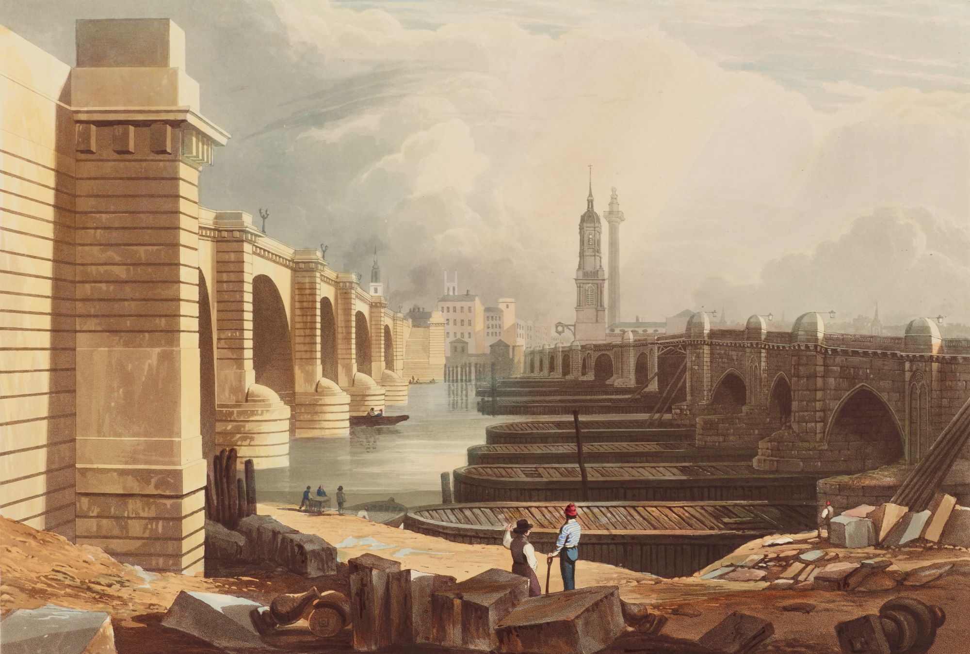 old-and-new-london-bridge-in-1832