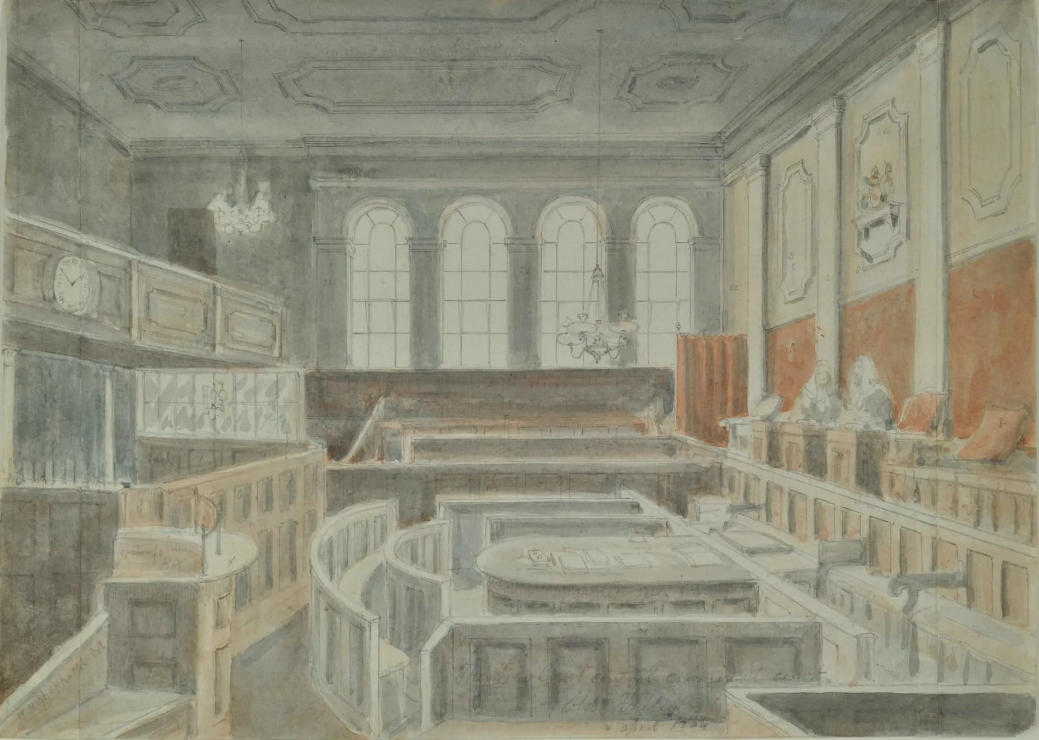 Interior of court room, chandeliers hang from the ceilings, wooden seats form a circle structure, large window panes.