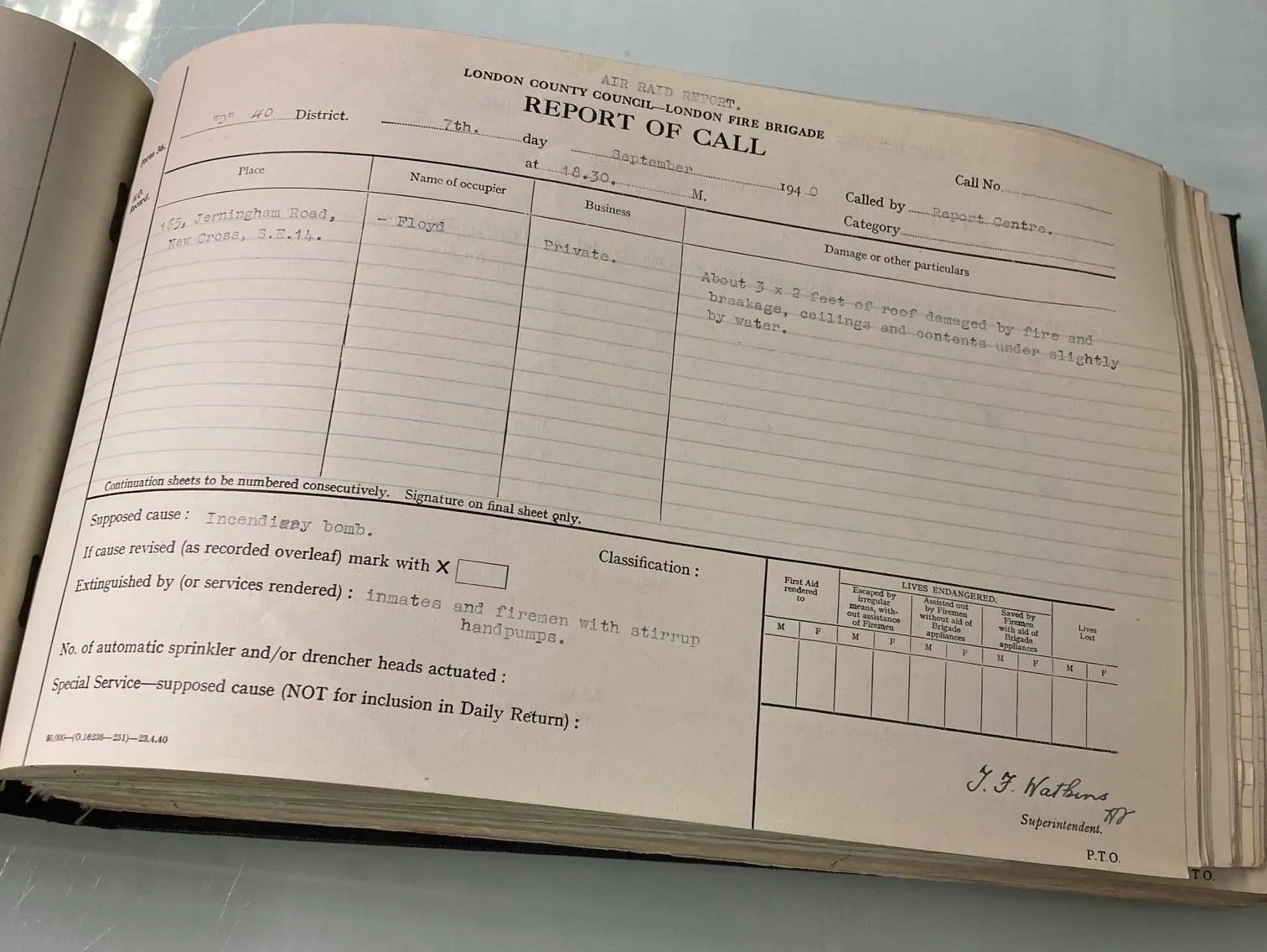 report of call book at an open page showing details of an air raid