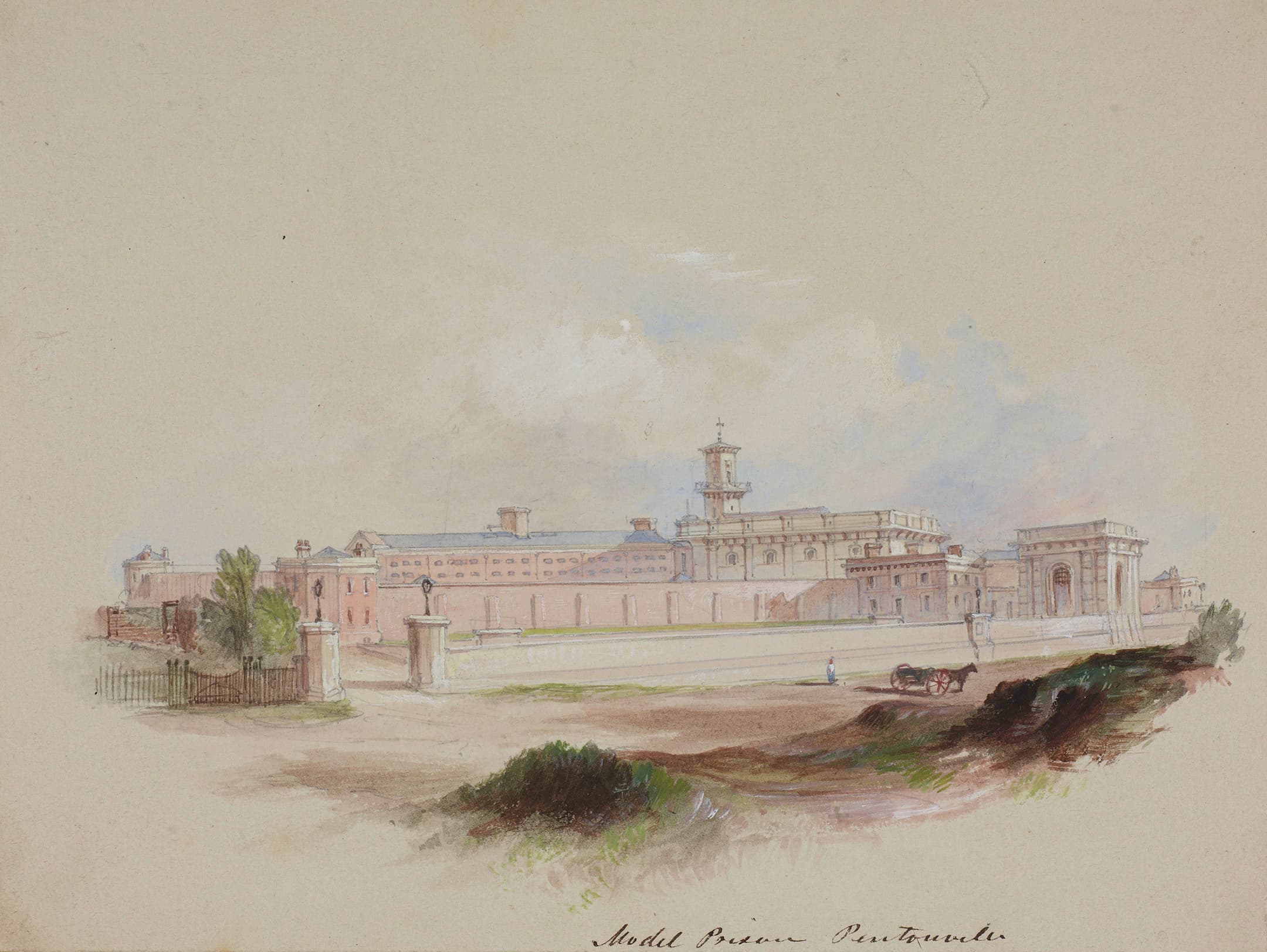 Large buildings with a central chapel, surrounded by wall