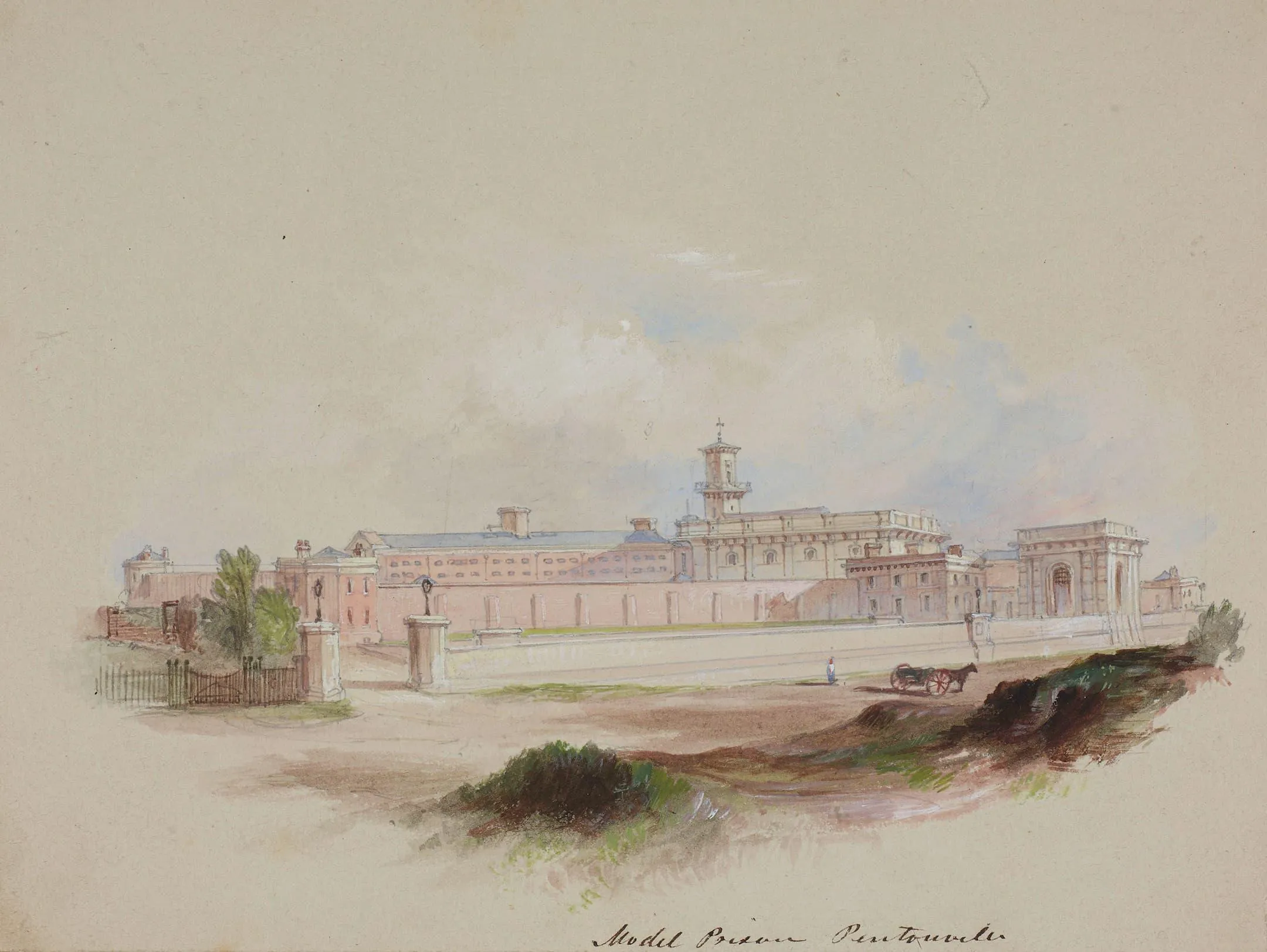 Large buildings with a central chapel, surrounded by wall