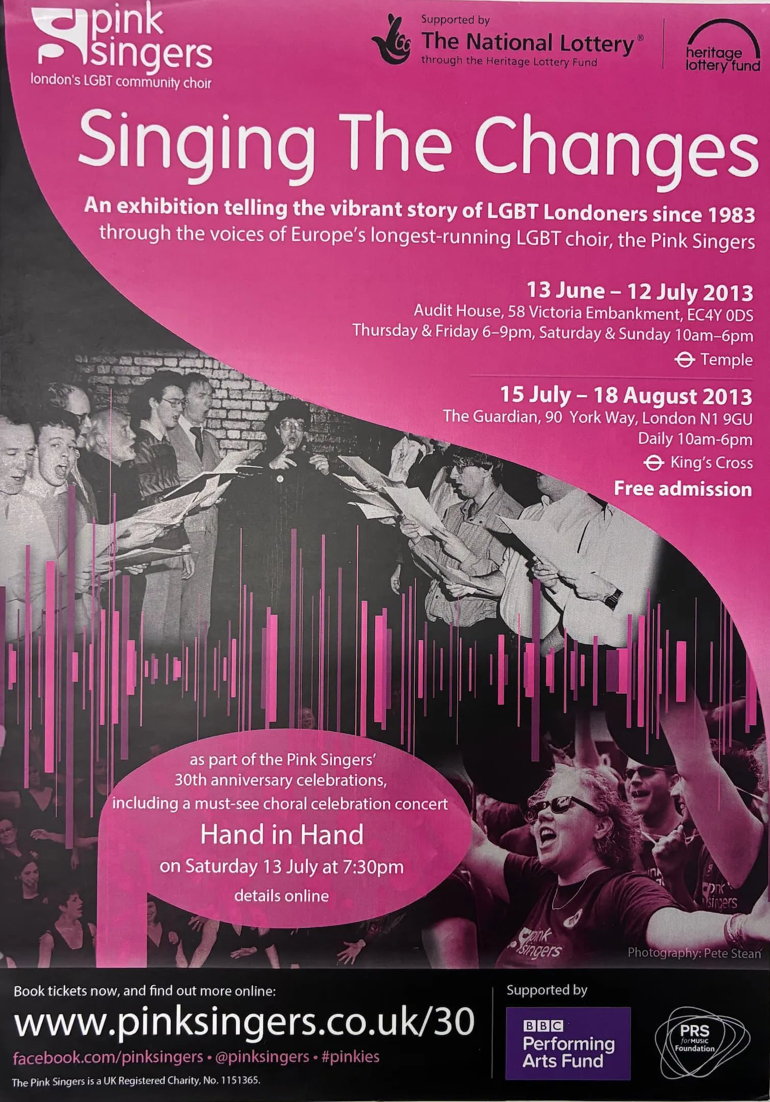 a pink poster with a black and white photograph of people singing