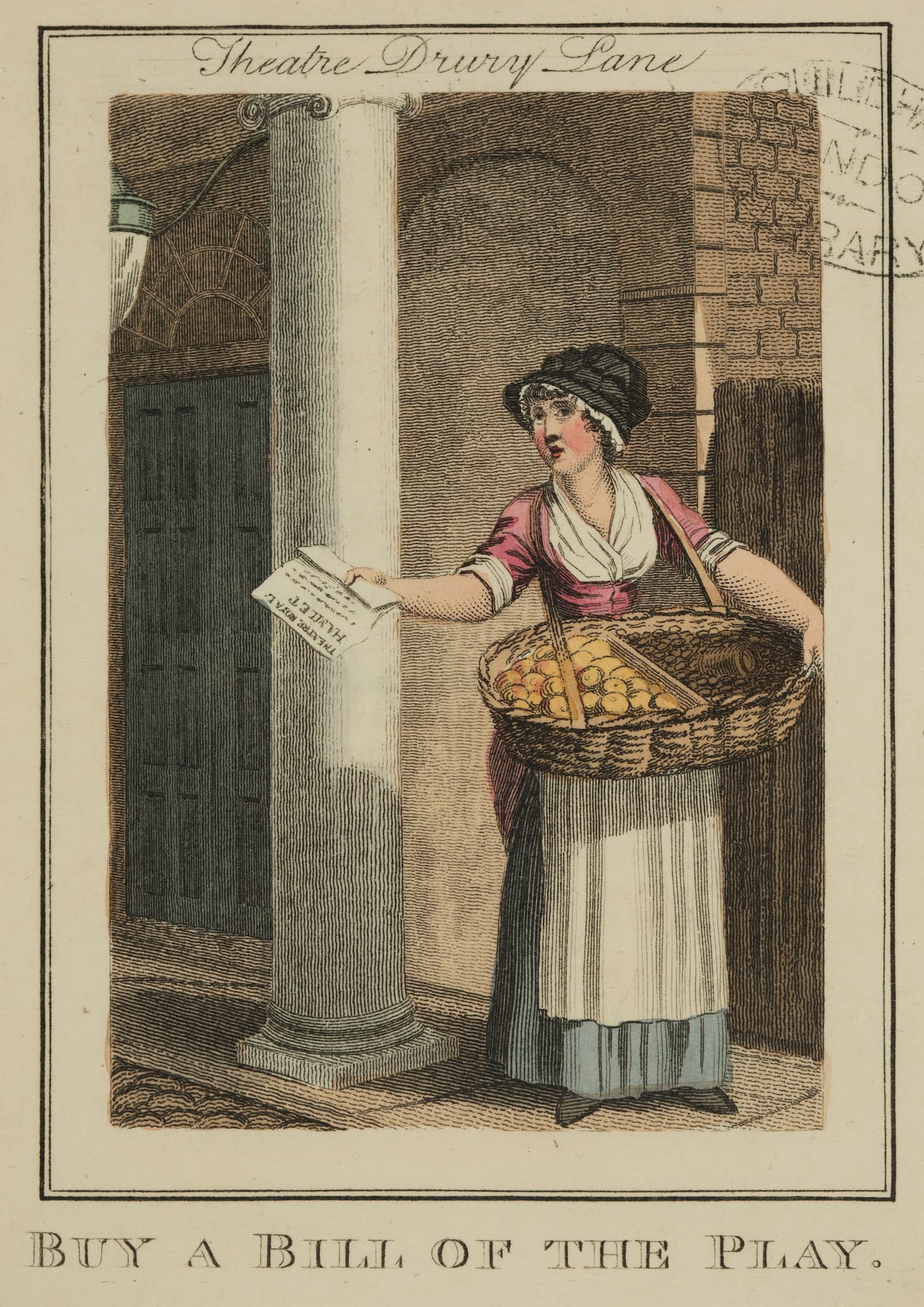 a woman carries a basket of oranges and holds a bill of play in one hand