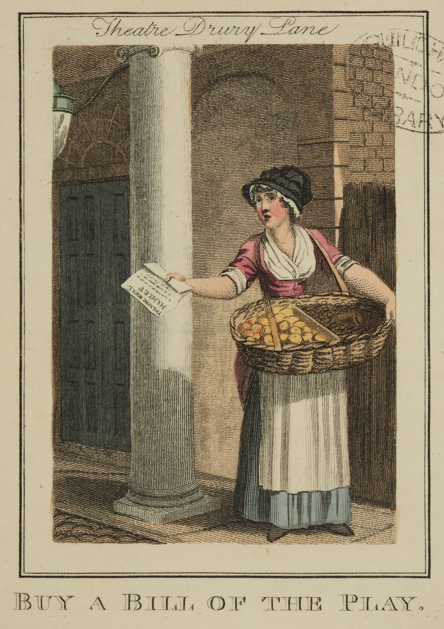 a woman carries a basket of oranges and holds a bill of play in one hand