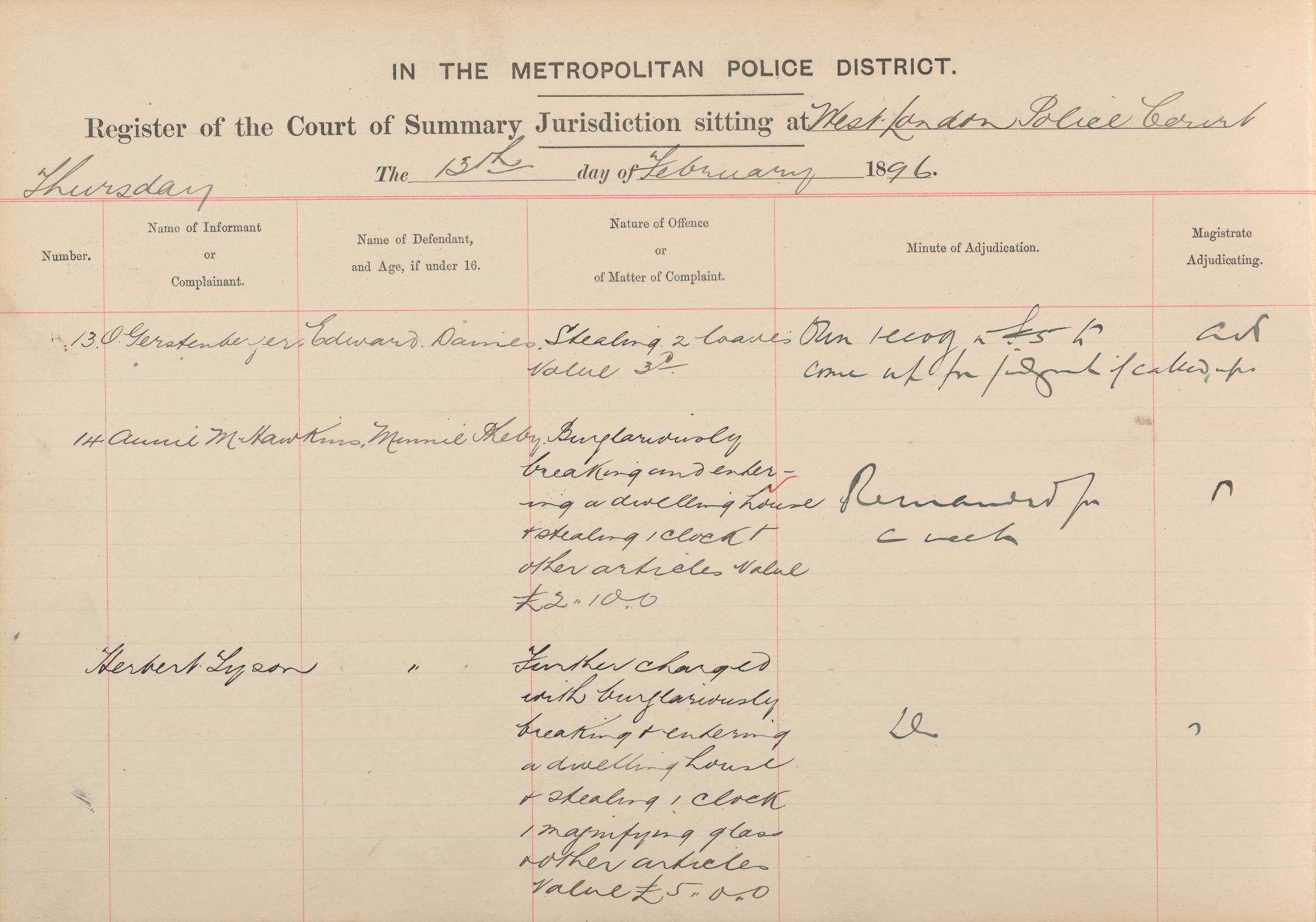 West London Police Court register showing Minnie Pheby's indictment from 1896