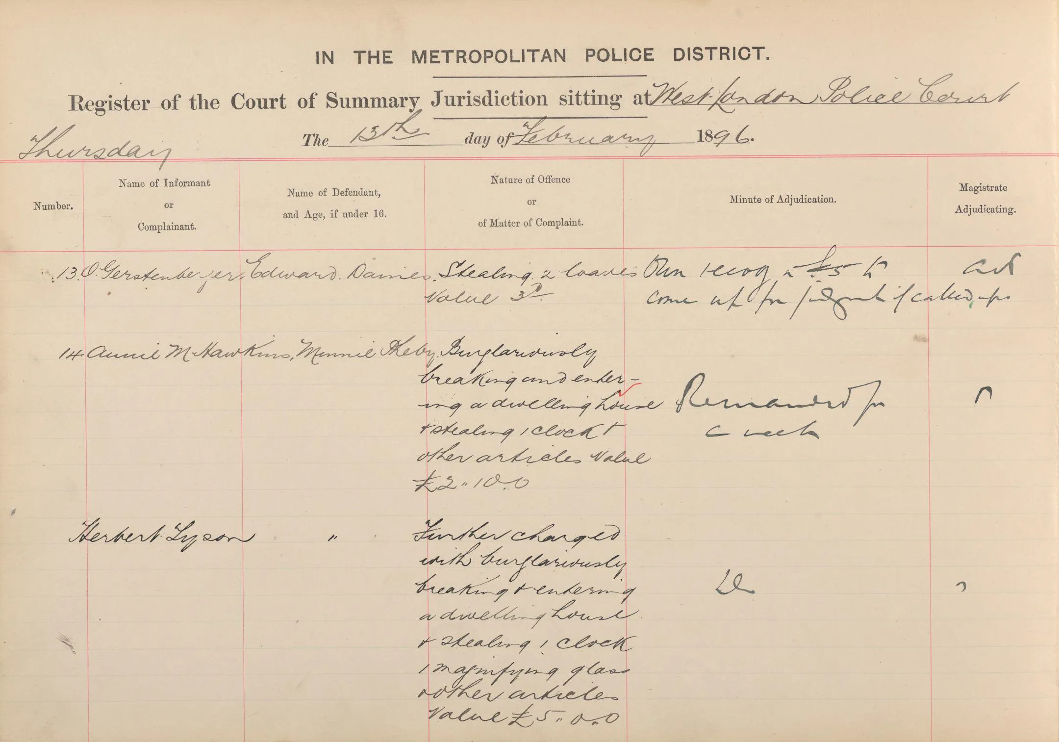 West London Police Court register showing Minnie Pheby's indictment from 1896