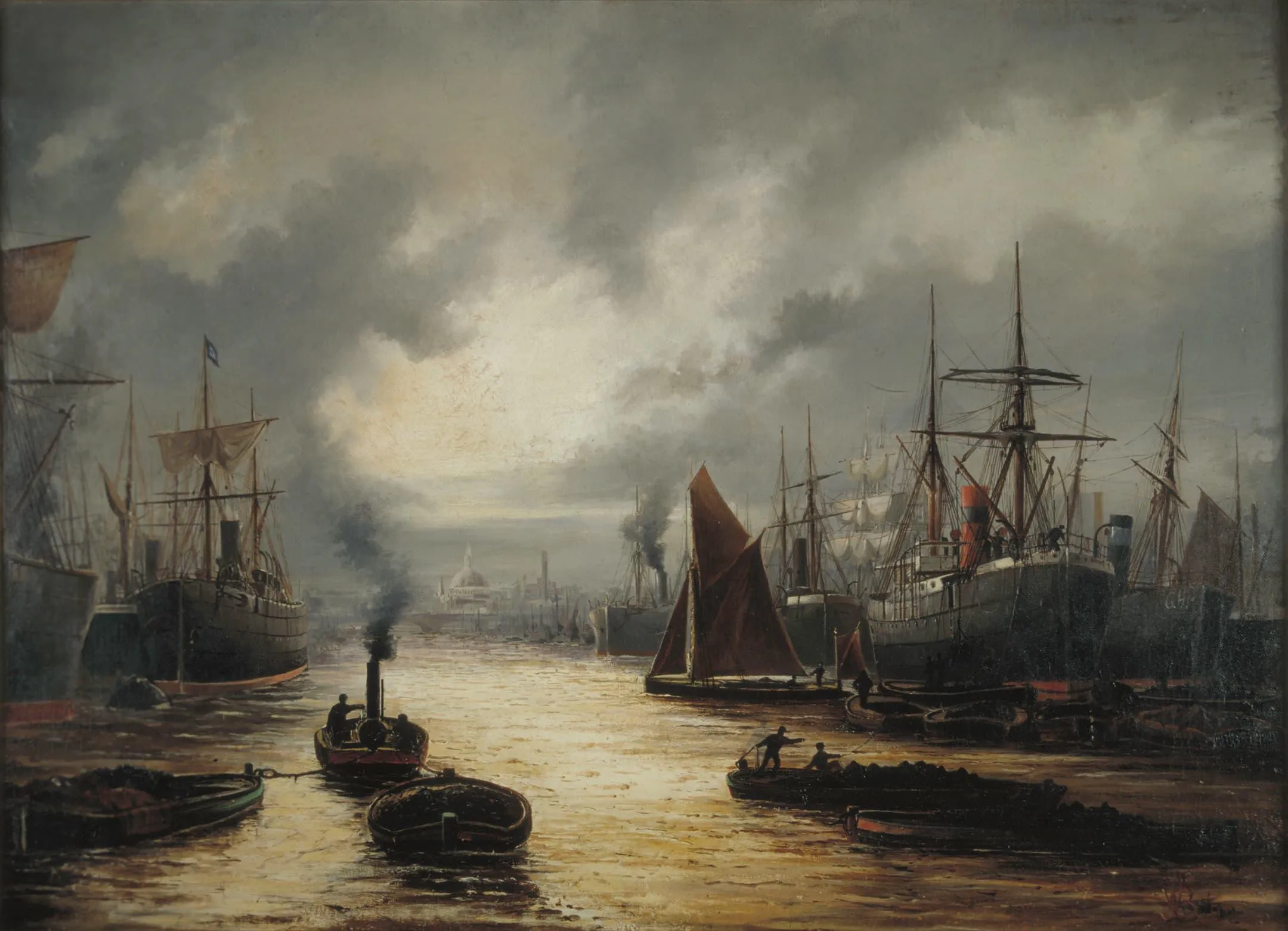 A painting of boats and ships on the River Thames with a dark and cloudy sky
