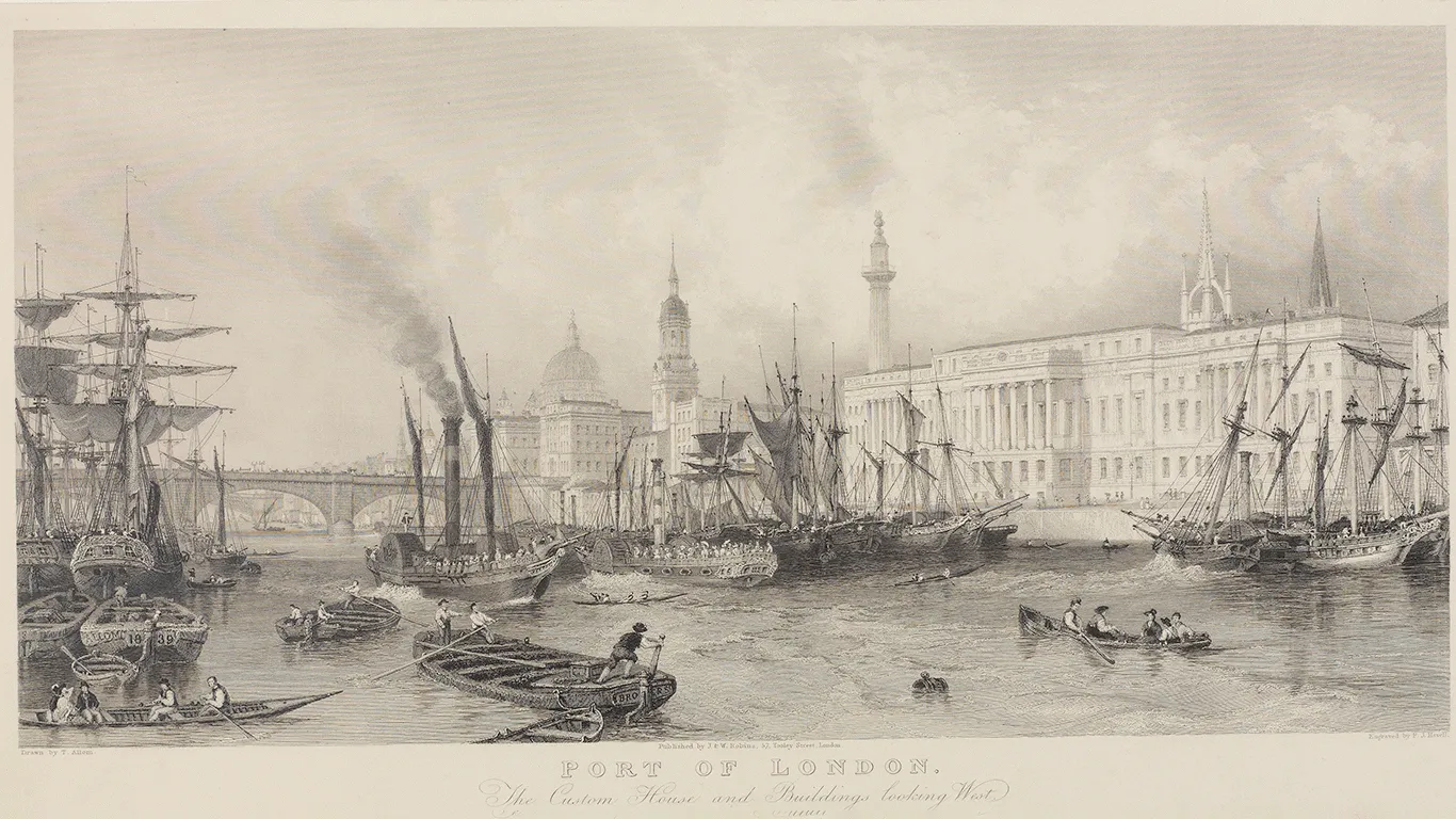 River Thames with lots of boats and a steam ship carrying cargo by Custom House