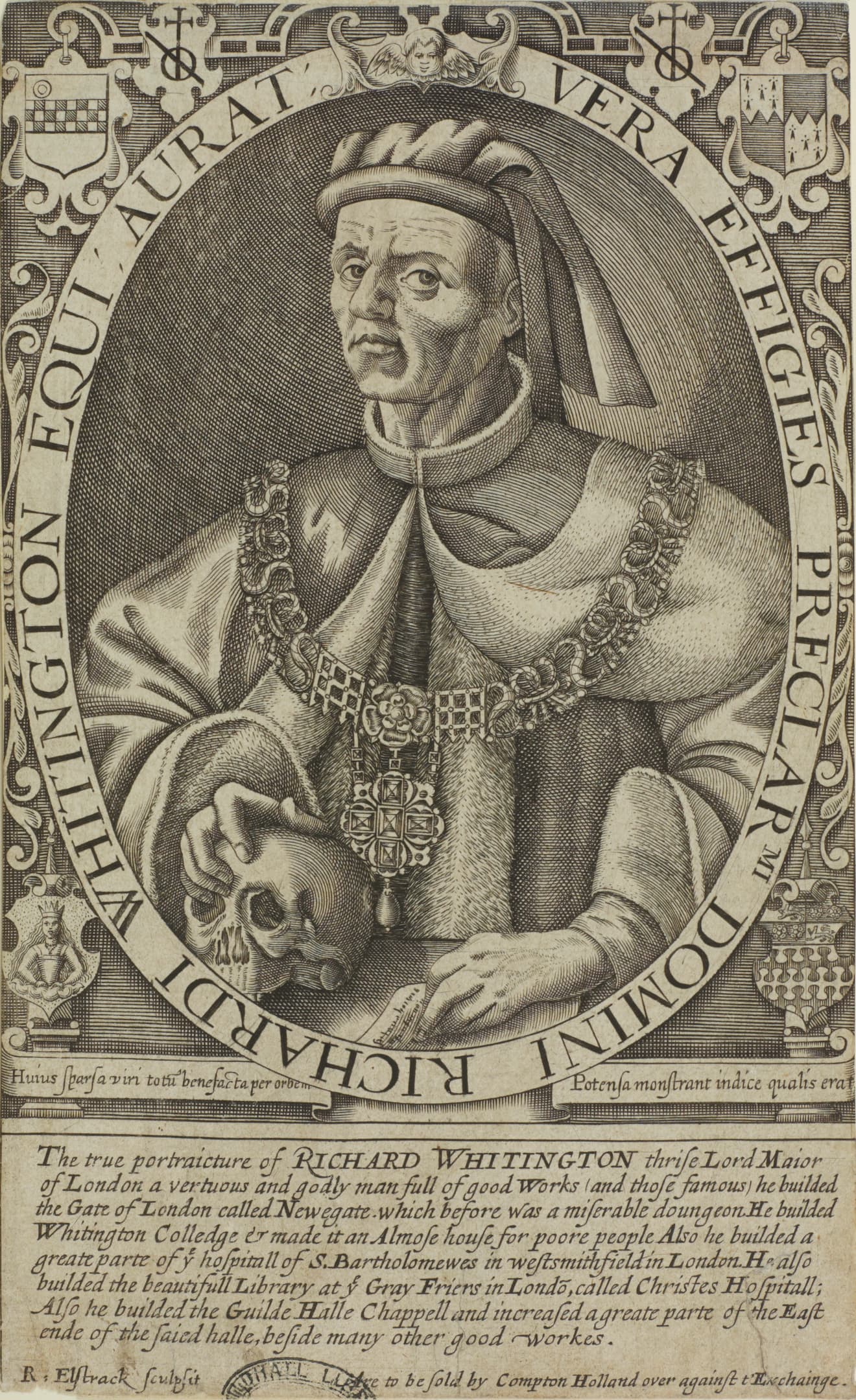 Portrait of Richard Whittington with hand resting on a skull.